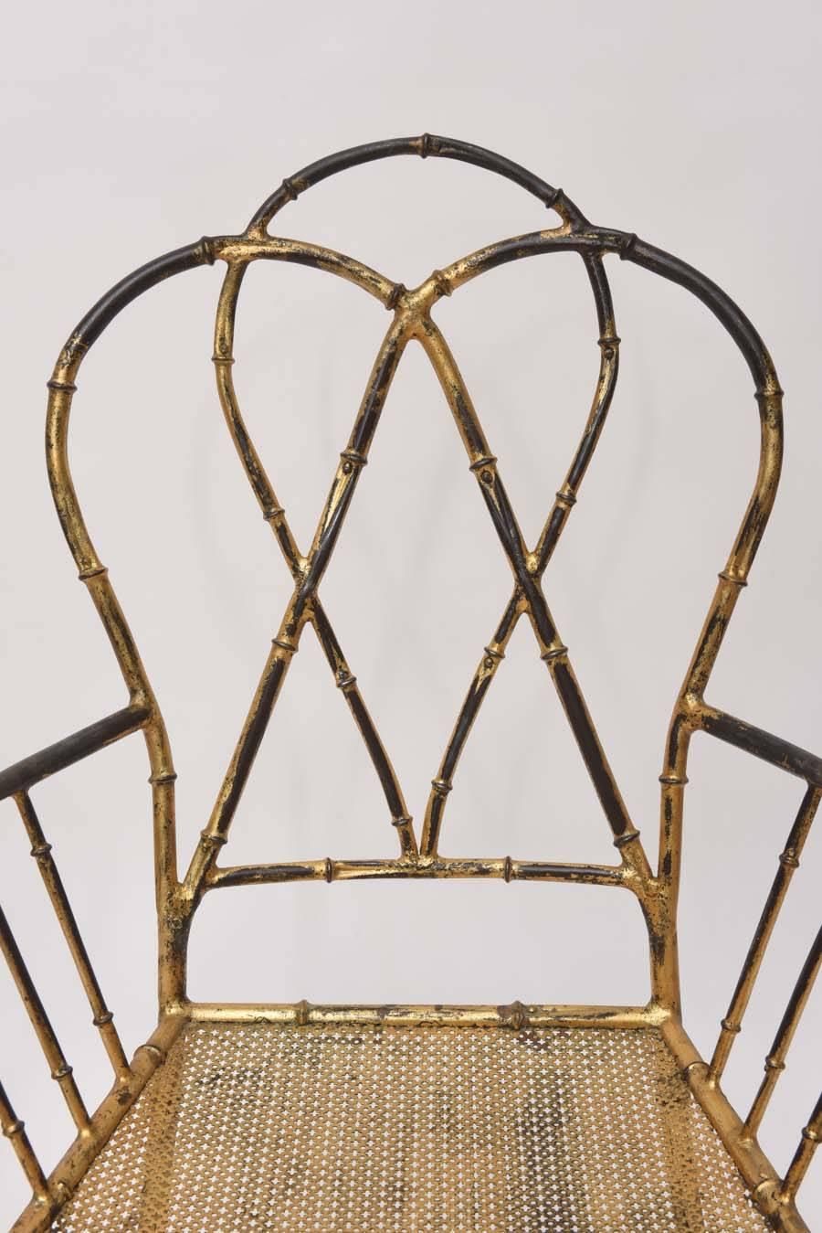 Italian Pair of 1960s Gilt Metal Faux Bamboo Armchairs