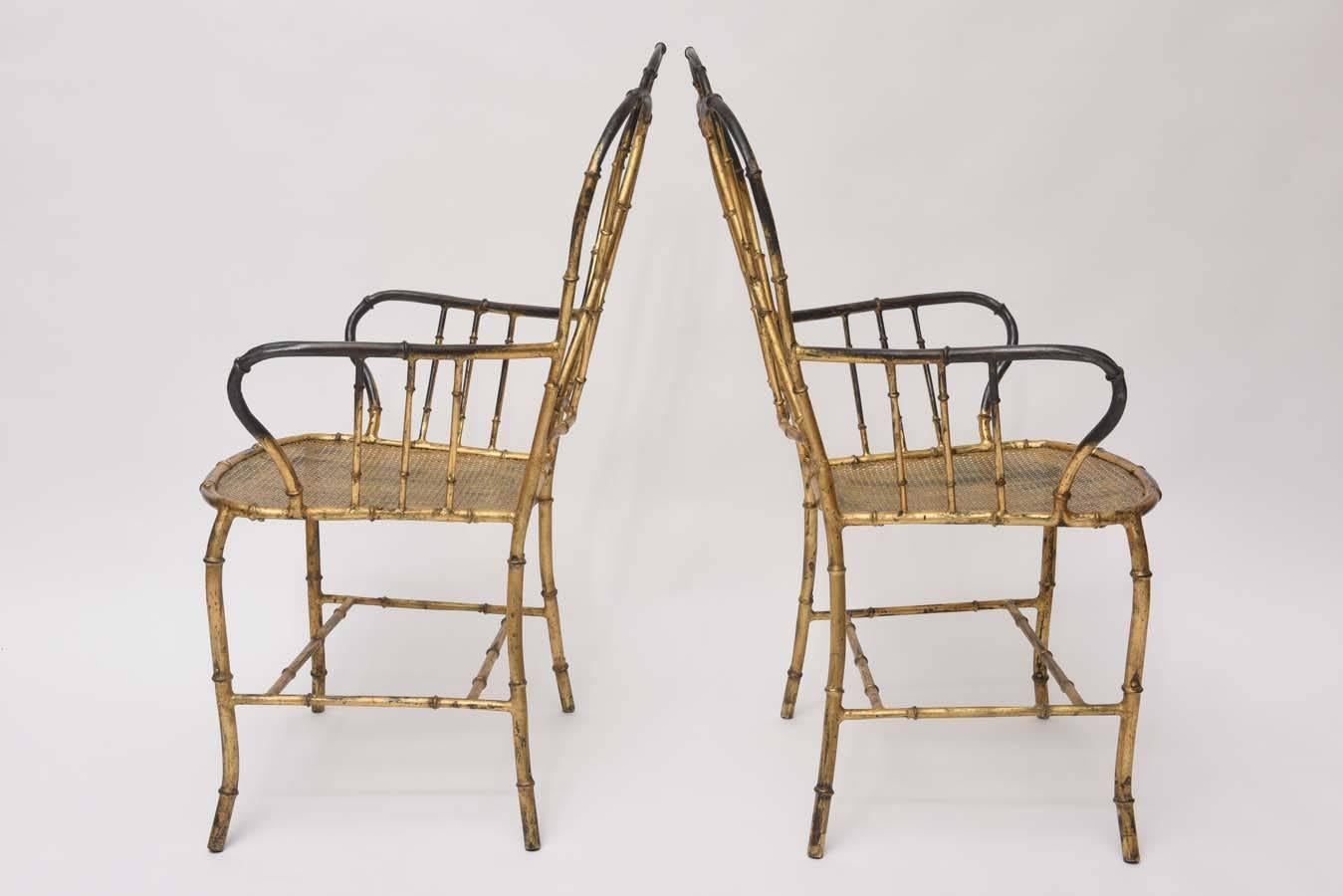 Pair of 1960s Gilt Metal Faux Bamboo Armchairs In Distressed Condition In North Miami, FL