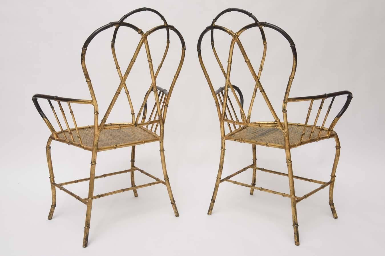 Pair of 1960s Gilt Metal Faux Bamboo Armchairs 1