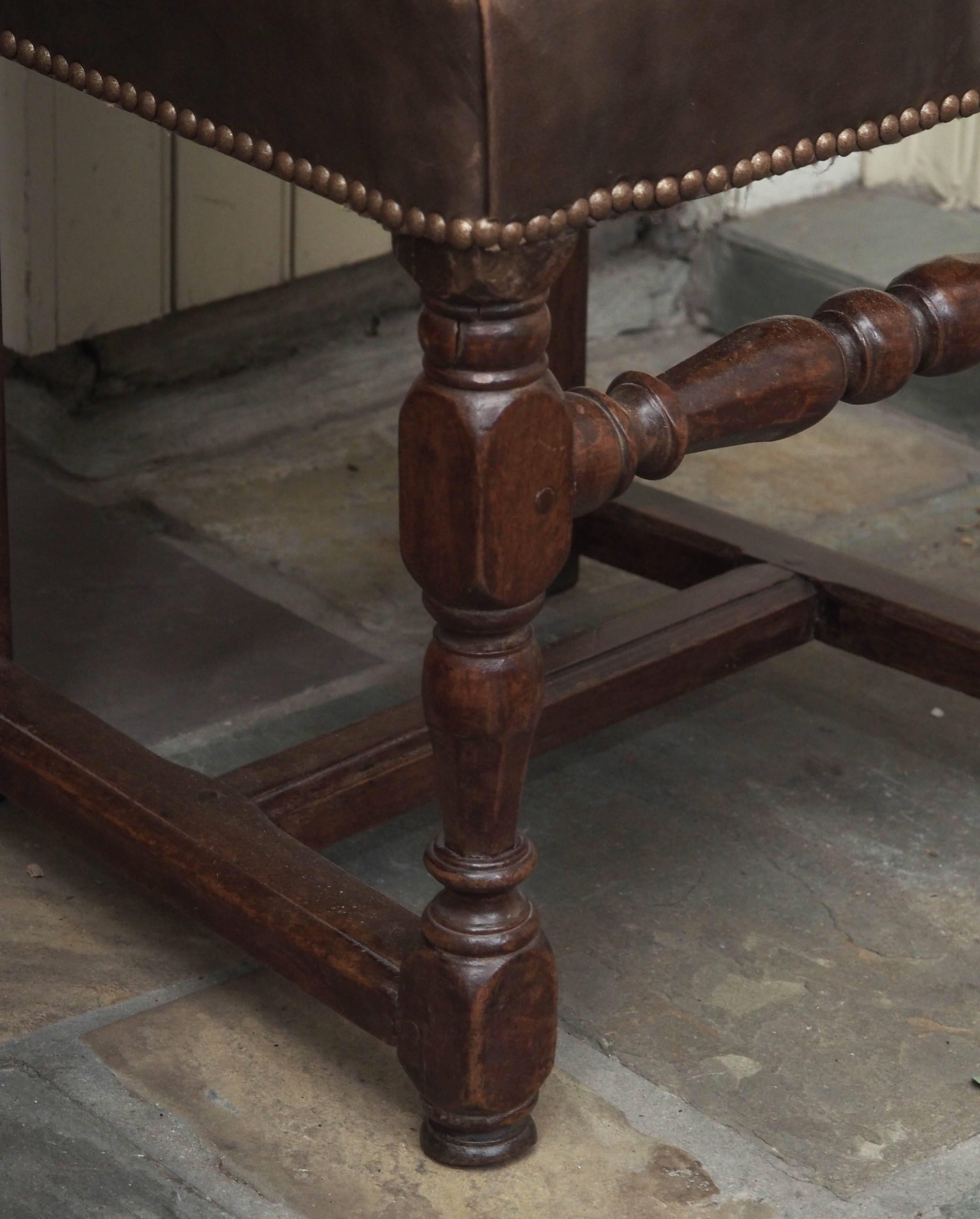 18th Century and Earlier Pair of 17th Century Leather and Walnut Side Chairs For Sale