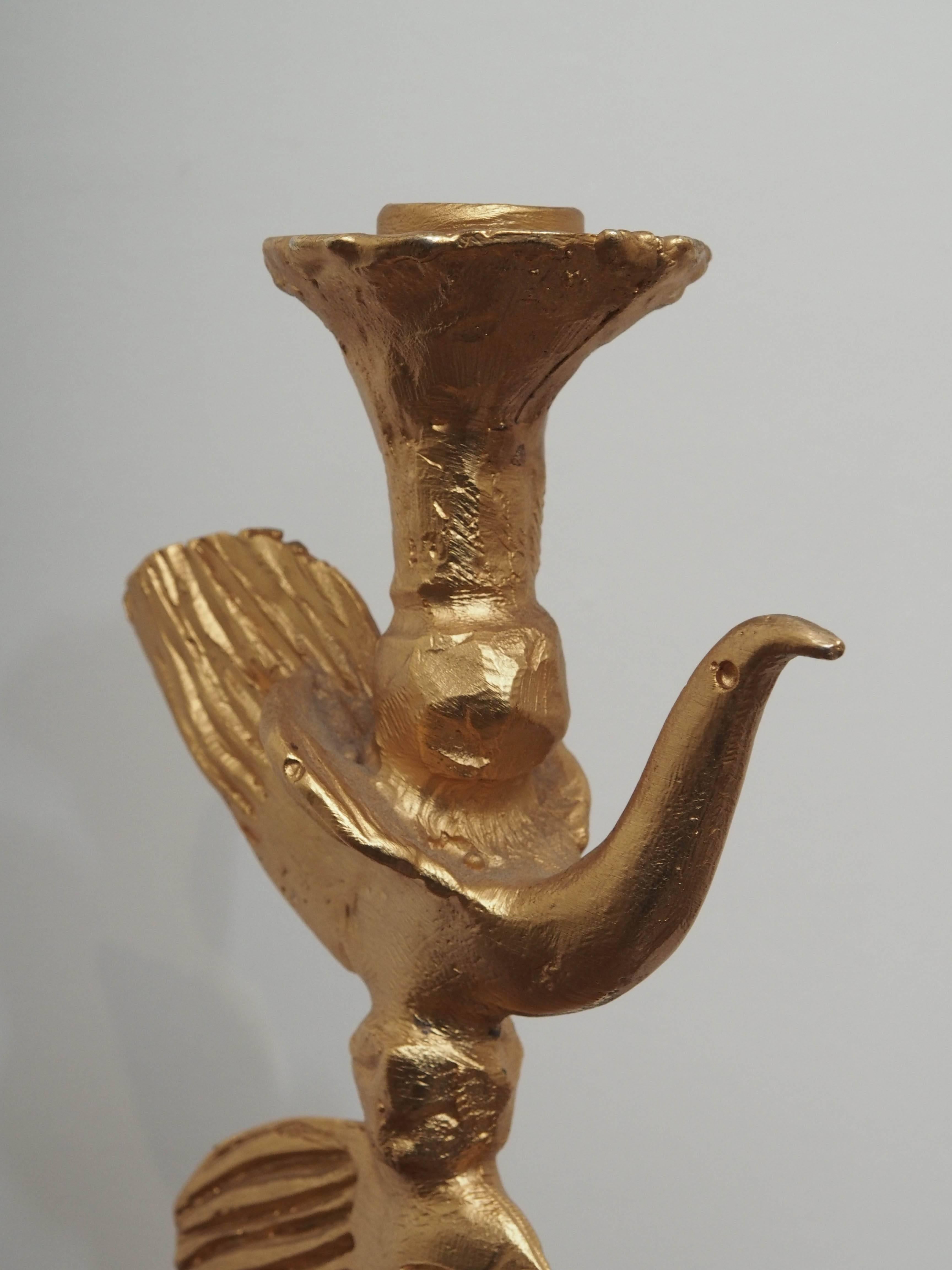 A gorgeous sculpted gilt bronze candlestick by famous French artist, Pierre Casanove. Influenced by famed bronzers such as Giacometti, Casanove once worked for Nicolas Deuael and Philippe Galerneau. 