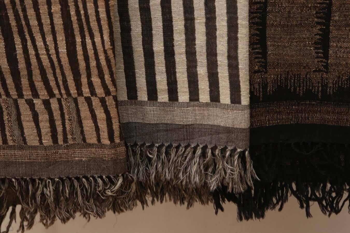 Contemporary Indian Hand Woven Throws.  Browns, Blacks, Grays and White.  Wool and Raw Silk.  For Sale