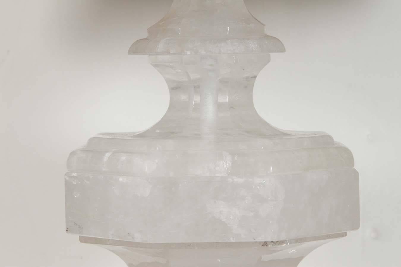 Carved Pair of Solid, Rock Crystal Lamps For Sale