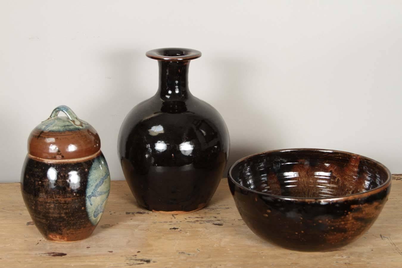 A set of studio pottery vases and bowl by Cloutman.