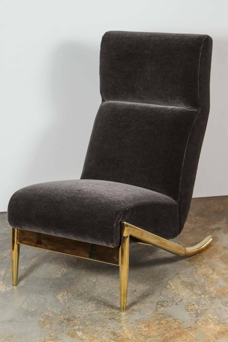 Paul Marra slipper chair in unlacquered polished brass and upholstered in mohair (as example). Brass is unlacquered therefore will patina naturally. COM only 5yds. 

As shown is sold and we are not able to obtain this additional mohair. For ordering