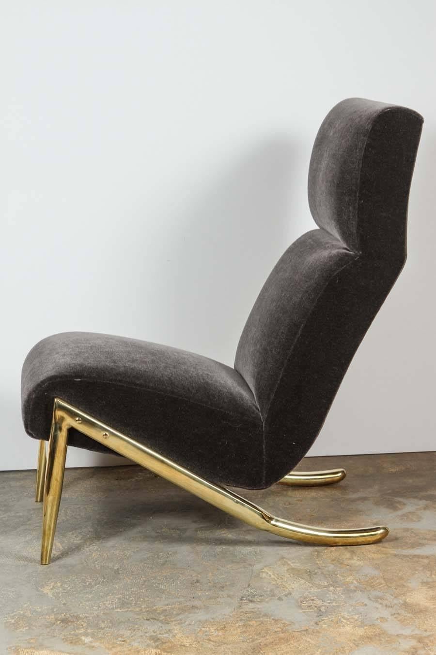 American Paul Marra Slipper Chair in Brass with Mohair For Sale