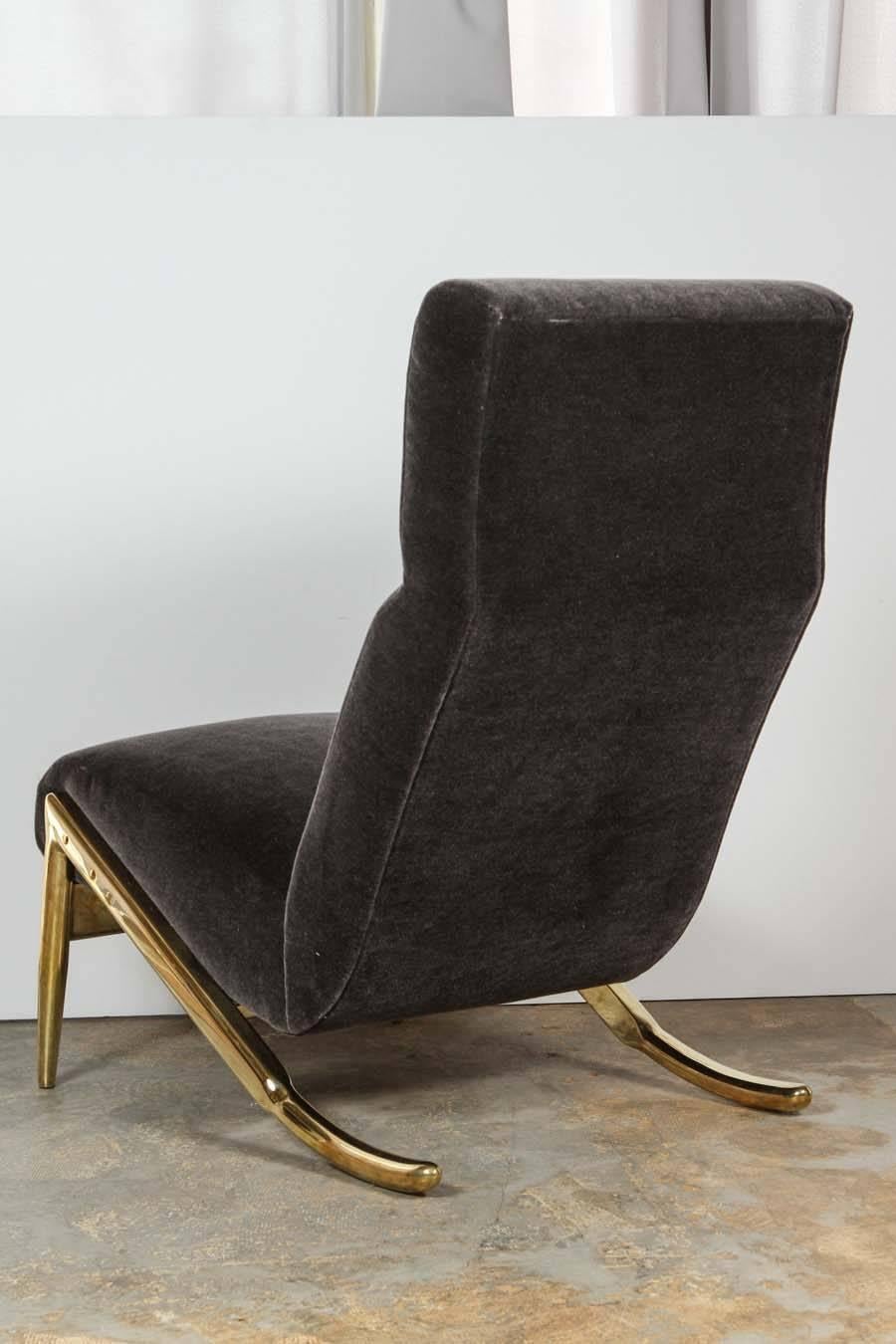 Paul Marra Slipper Chair in Brass with Mohair For Sale 1