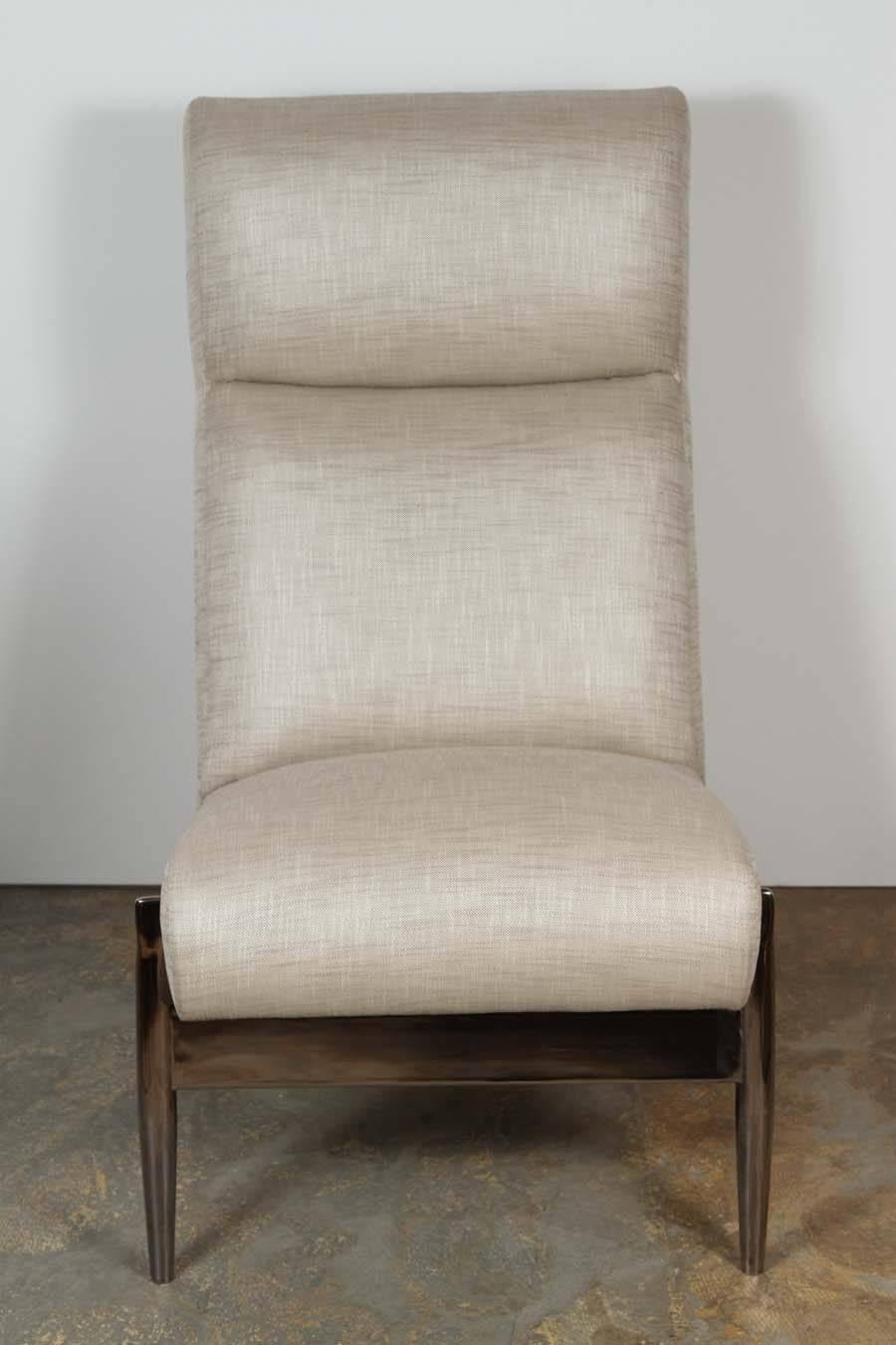 Paul Marra Slipper Chair in Black Nickel with Linen In Excellent Condition In Los Angeles, CA