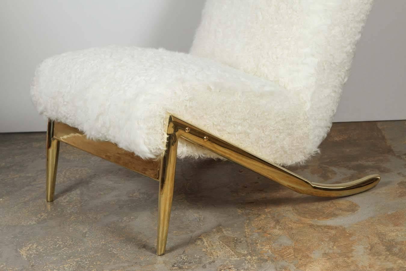 Modern Paul Marra Slipper Chair in Brass with Curly Goat For Sale