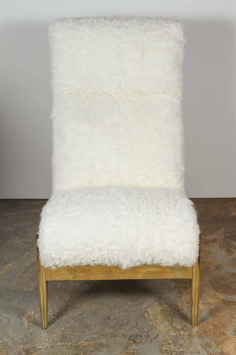 Paul Marra Slipper Chair in Brass with Curly Goat In Excellent Condition For Sale In Los Angeles, CA