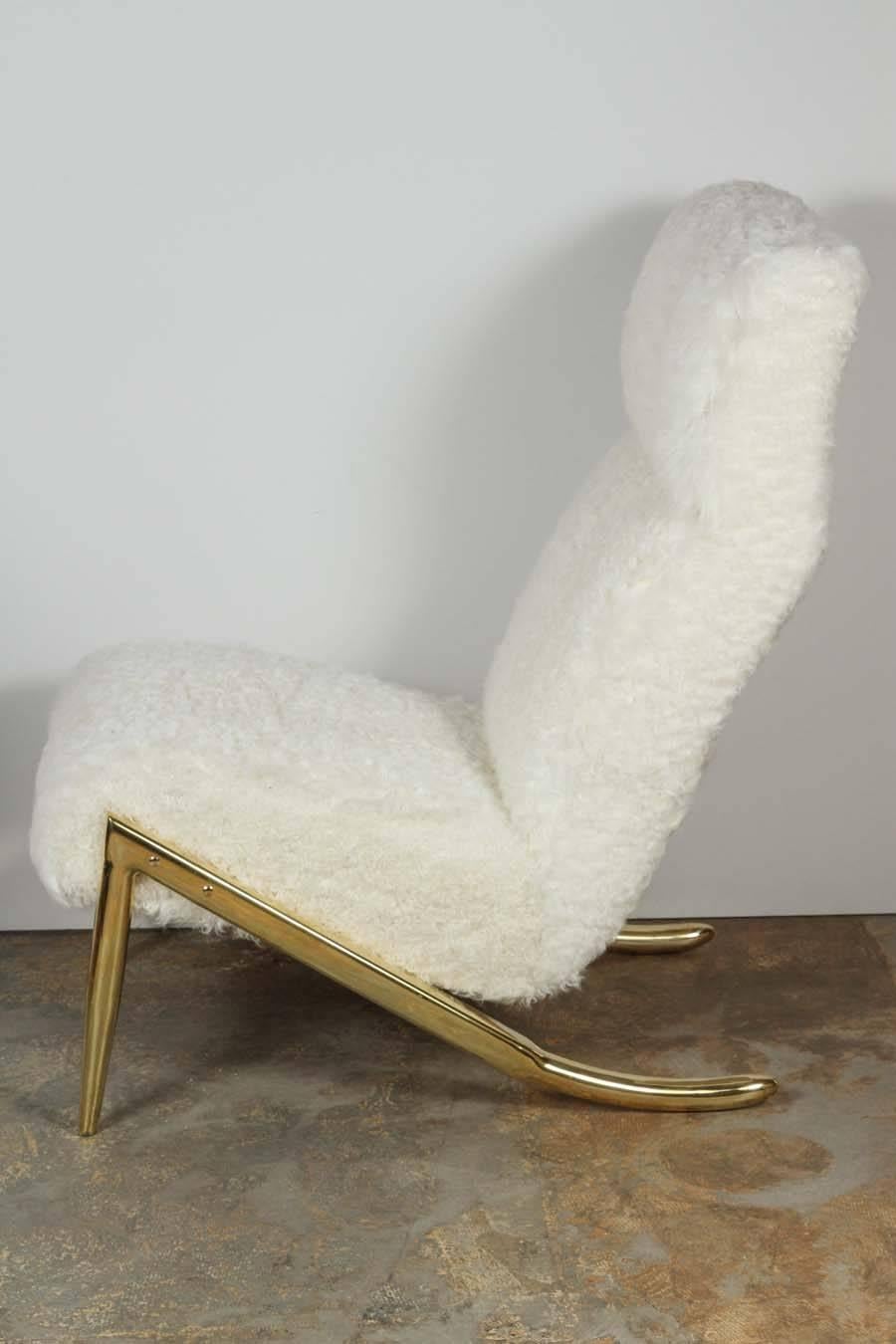 Goatskin Paul Marra Slipper Chair in Brass with Curly Goat For Sale