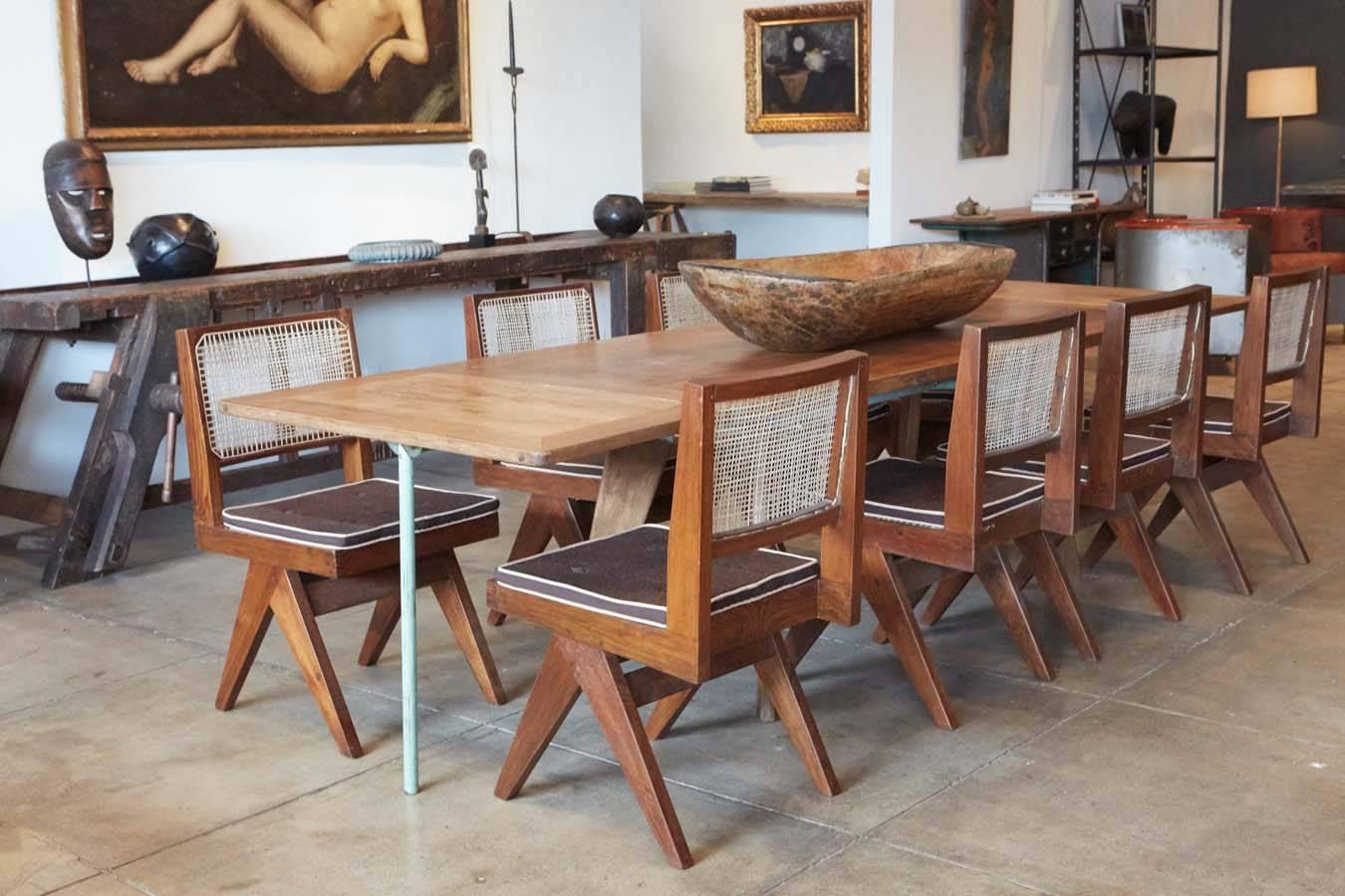 Produced in limited numbers for an oil firm in France, the extender table is a rarely seen piece by French designer, Jean Prouvé. 
The extenders can be easily removed but once in position are stable and usable portions of the table.