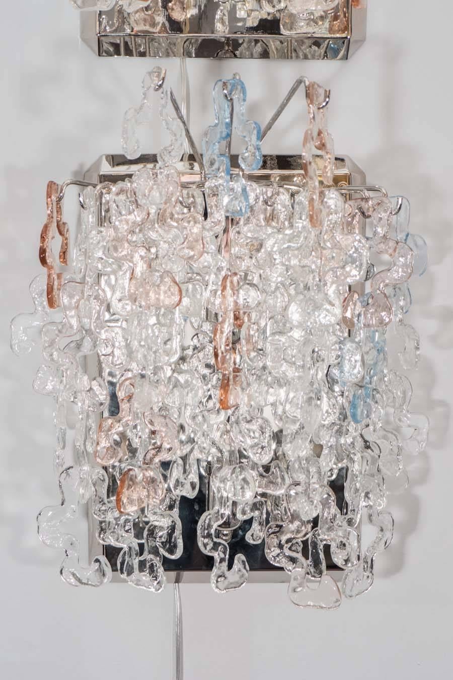 Rose and pale blue and clear glass waterfall sconces by J.T.Kalmar. Austria 1960s
