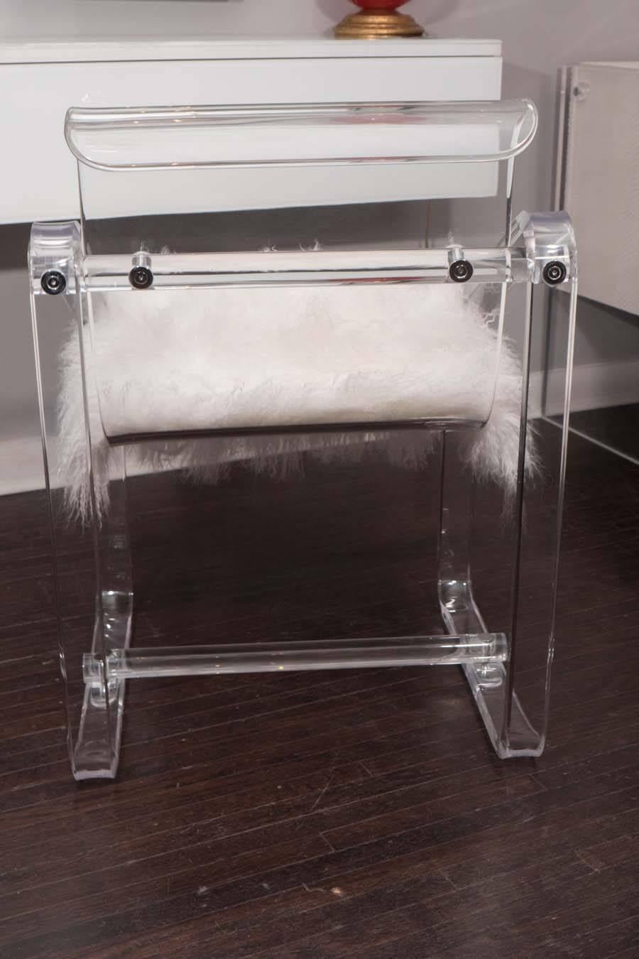 Vintage 1970s Lucite Desk Chair with New Mongolian Lamb Cushion 1