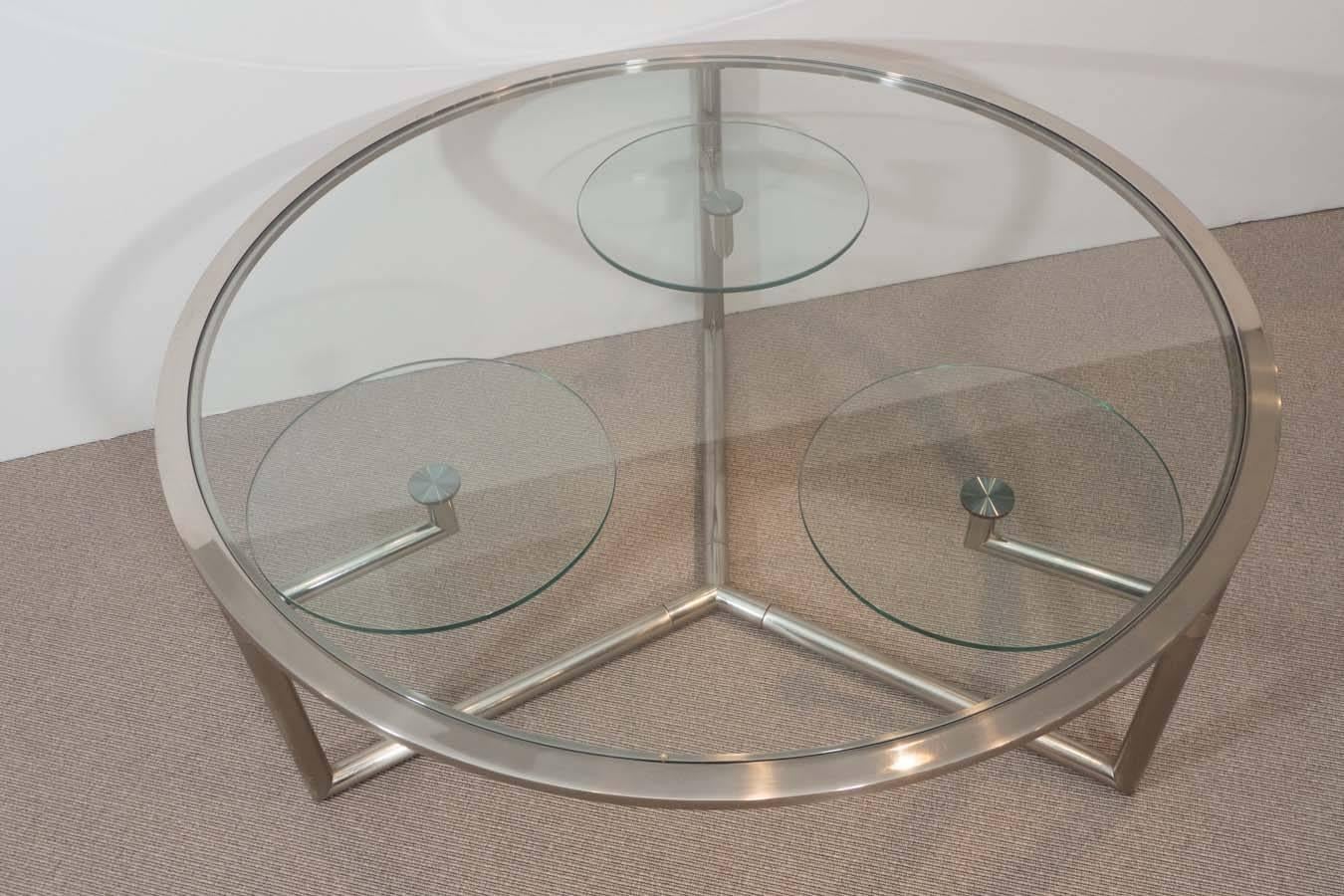 Modern Vintage Chrome and Glass Cocktail Table with Swivels For Sale