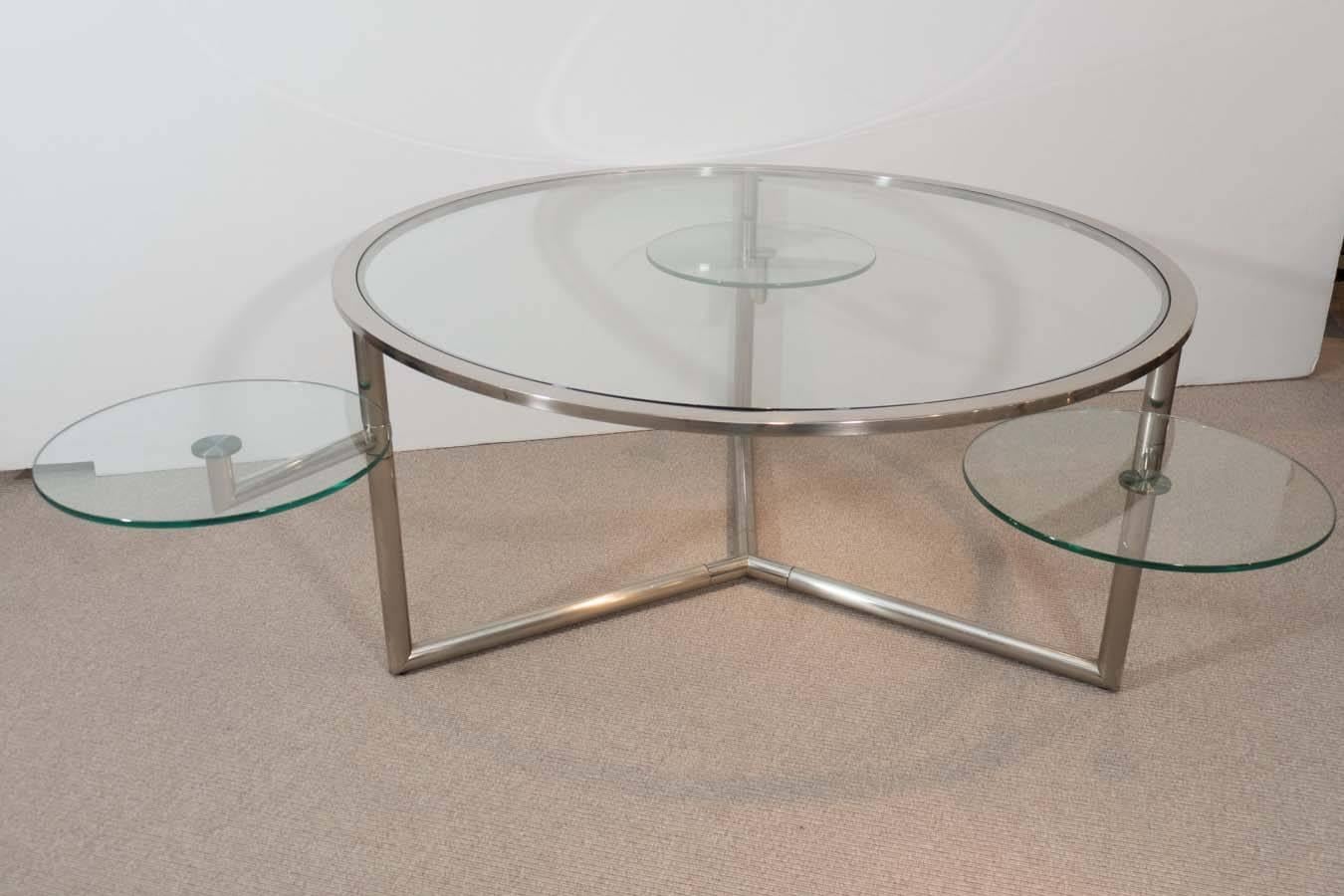 Belgian Vintage Chrome and Glass Cocktail Table with Swivels For Sale