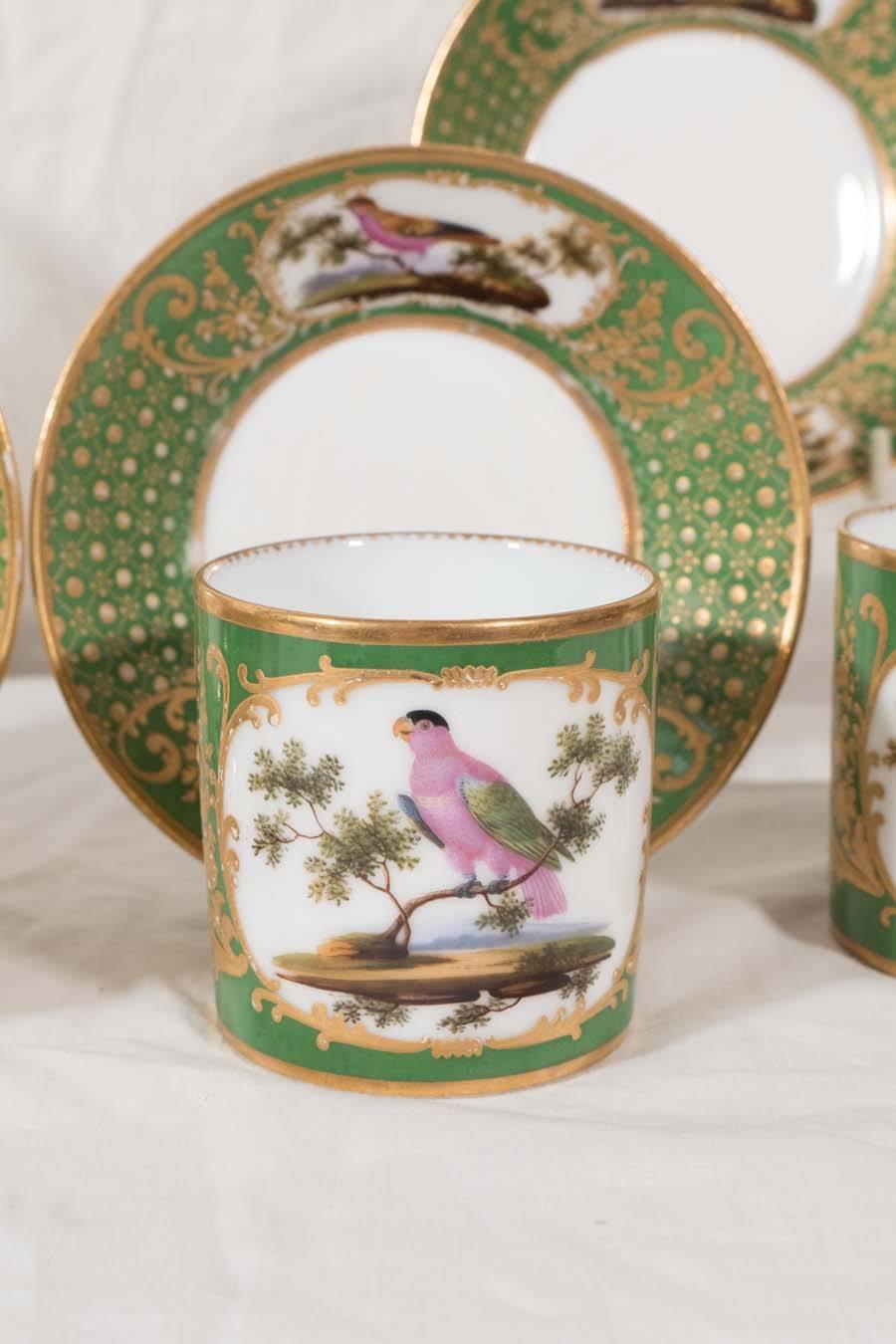 Four Paris Porcelain Coffee Cans with Hand-Painted Birds on a French Green Groun In Excellent Condition In Katonah, NY