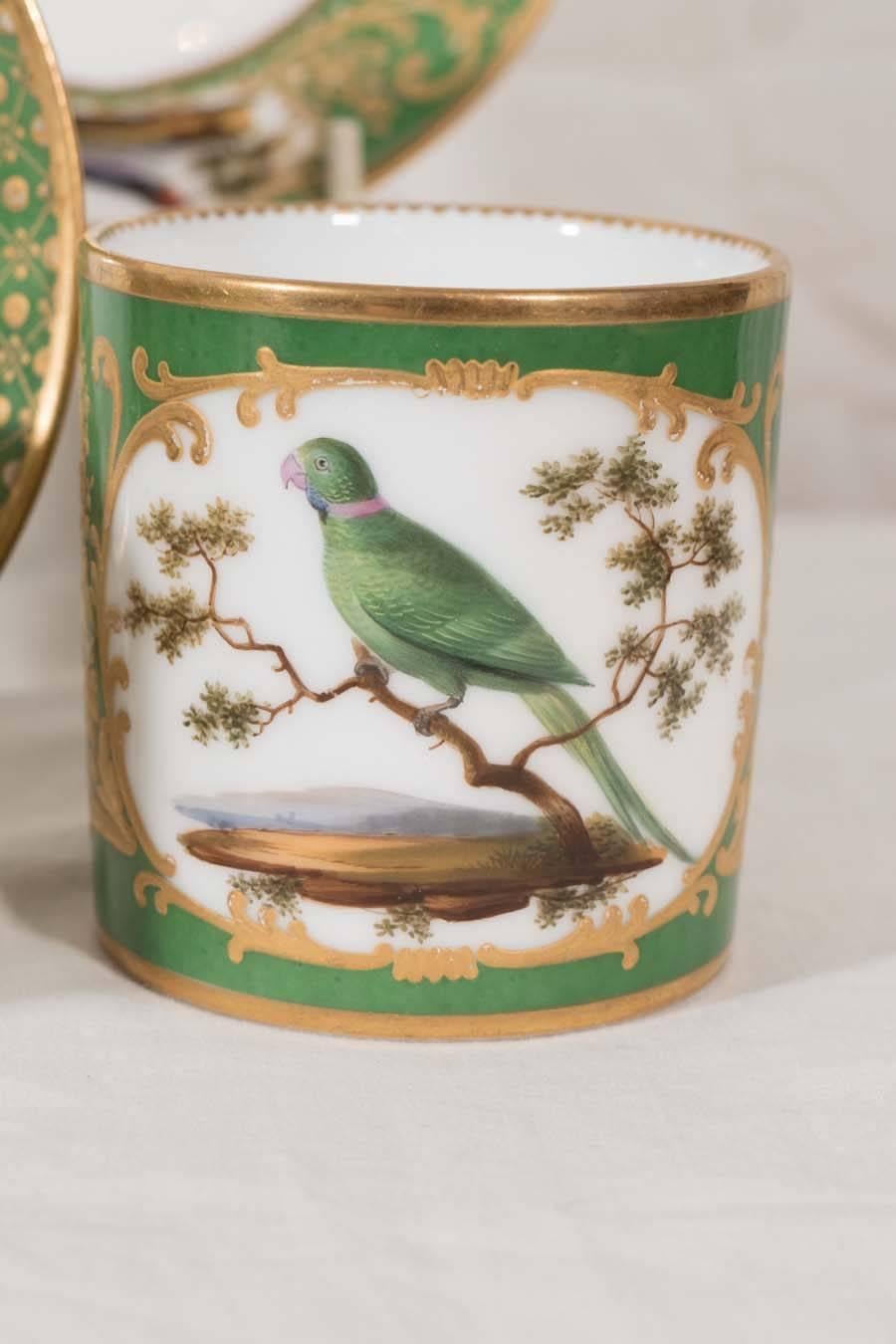 Mid-19th Century Four Paris Porcelain Coffee Cans with Hand-Painted Birds on a French Green Groun