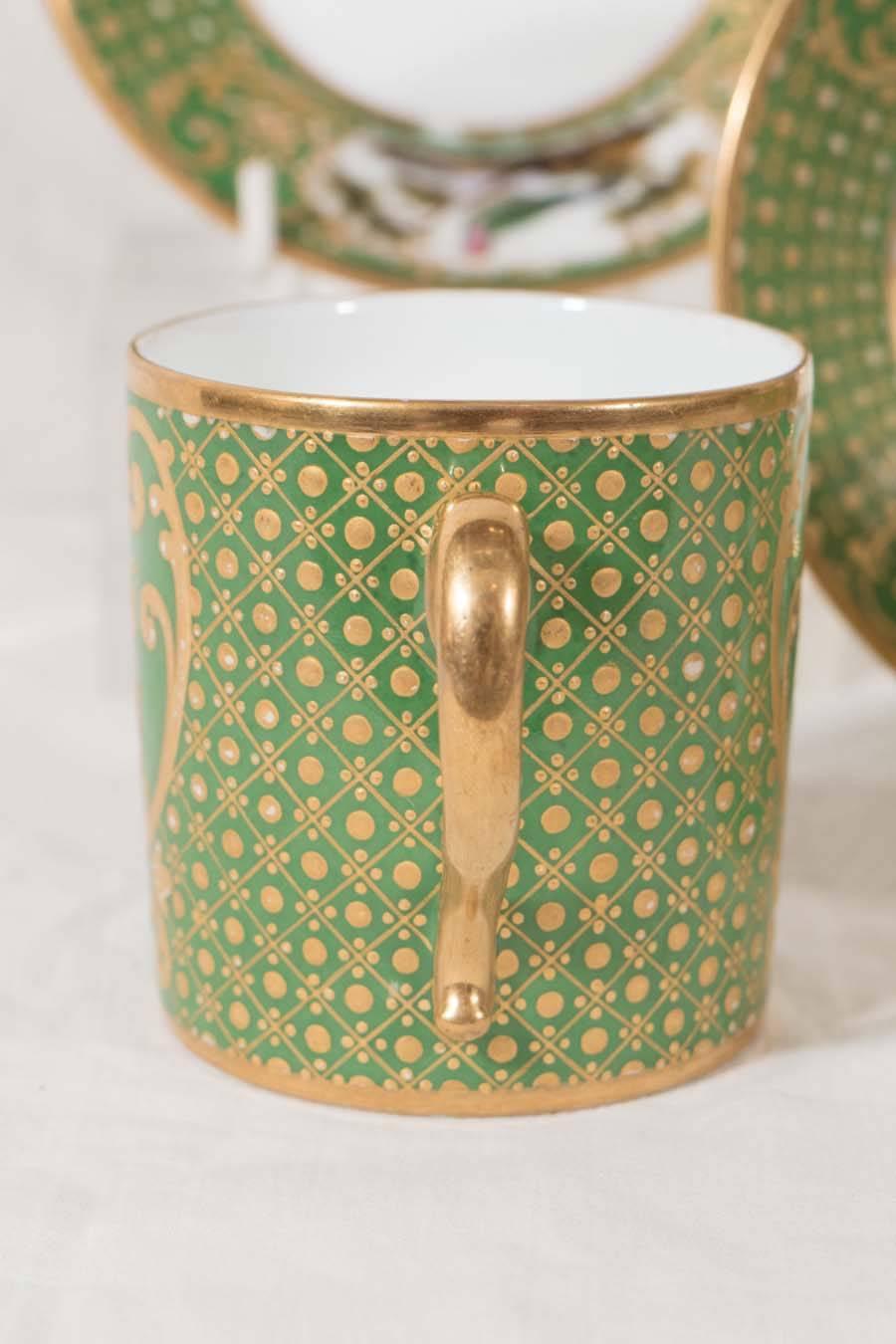 Four Paris Porcelain Coffee Cans with Hand-Painted Birds on a French Green Groun 2