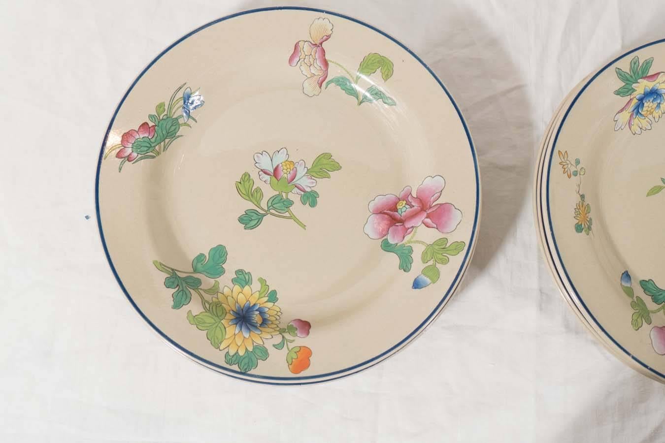 Enameled Set of Ten Wedgwood Drabware Dishes Painted with Enamel Flowers