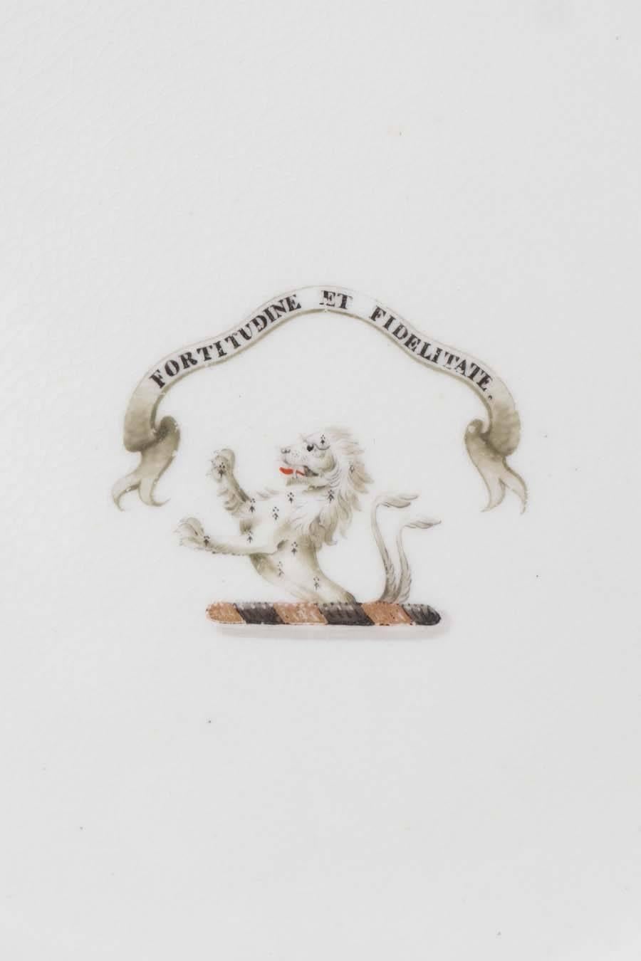 The dishes feature The Crest of Stuckey: A demi-lion rampant issuant, double queueé, Ermine. Showing a lion rampant double queued (with two tails) under the motto: Fortitudine et Fidelitate "With Fortitude and Fidelity."
The recorded