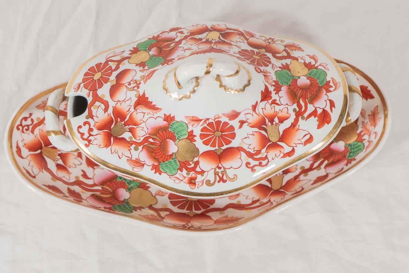 English Pair Antique Spode Tureens Painted in Orange Pink and Green