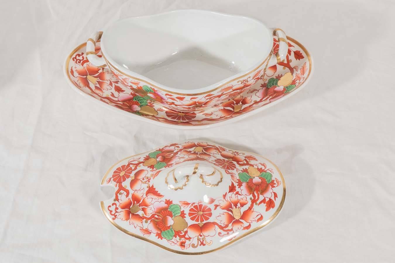Pair Antique Spode Tureens Painted in Orange Pink and Green In Excellent Condition In Katonah, NY