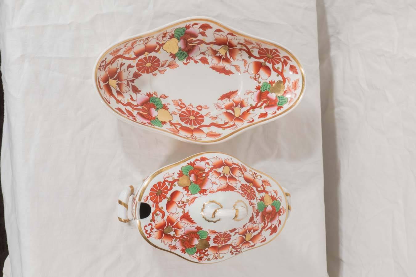 Early 19th Century Pair Antique Spode Tureens Painted in Orange Pink and Green