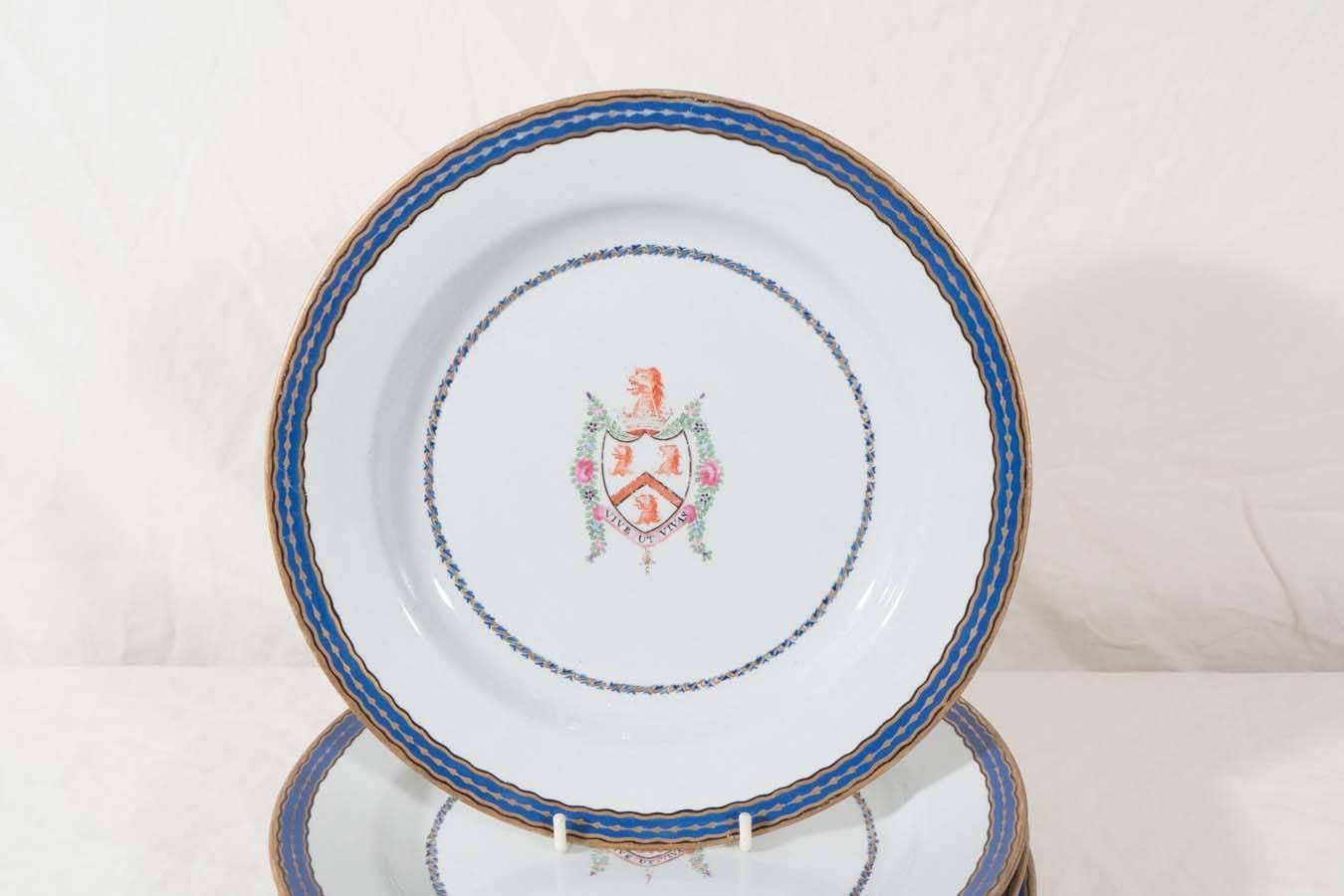English Set of Dozen Antique Armorial Ironstone Dishes Chinese Export Style