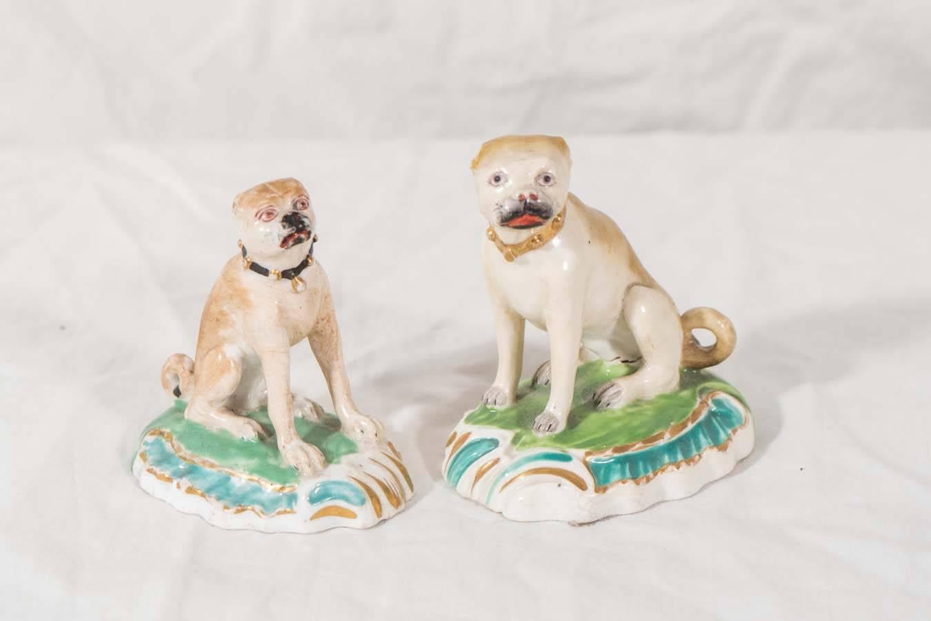 Two Derby Porcelain pugs, the smaller late 18th century and the larger early 19th century. The figures have expressive faces capturing the character of these charming canines Each is seated on scroll molded bases, painted in polychrome enamels. The