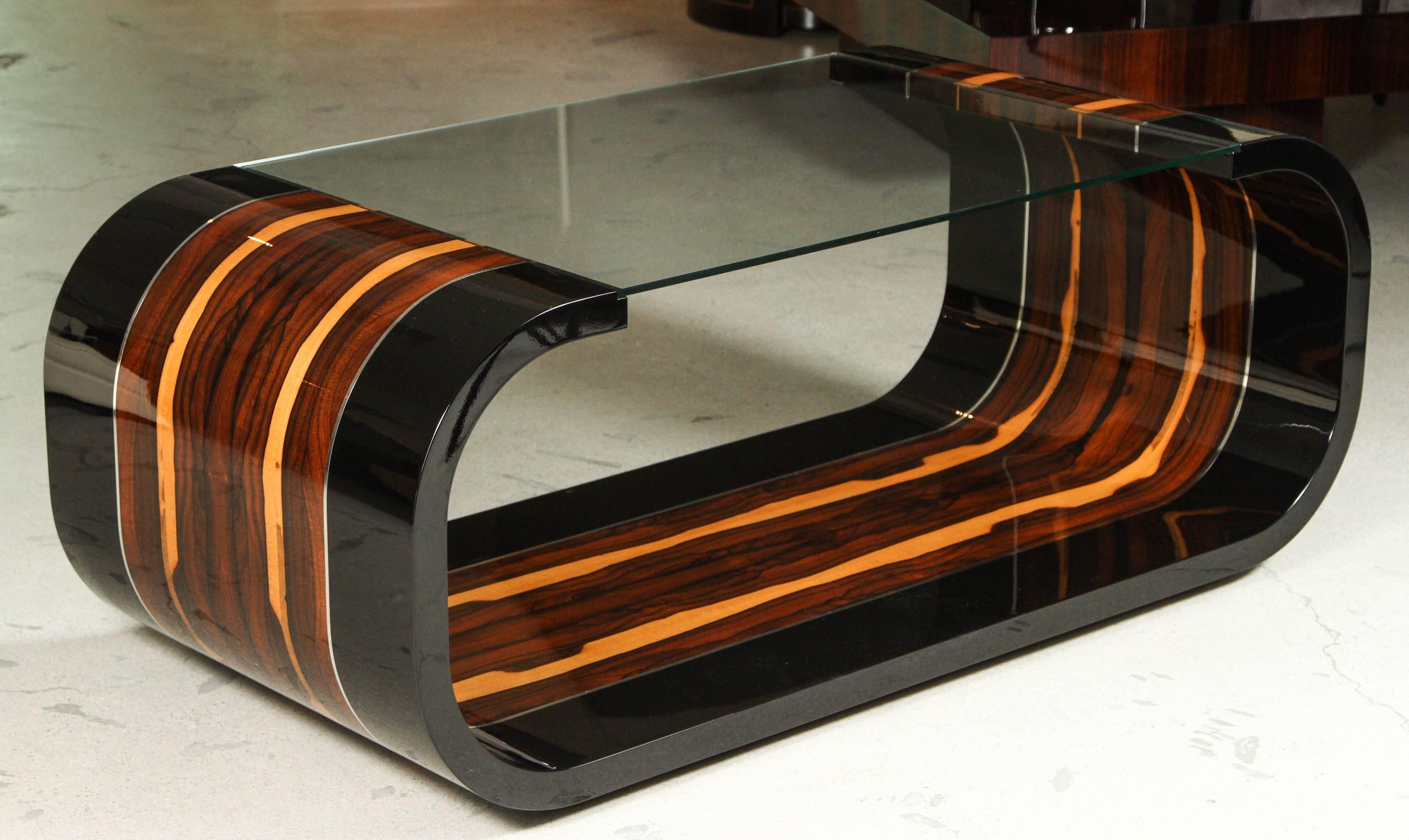 Stainless Steel Art Deco Ziricote Coffee Table For Sale