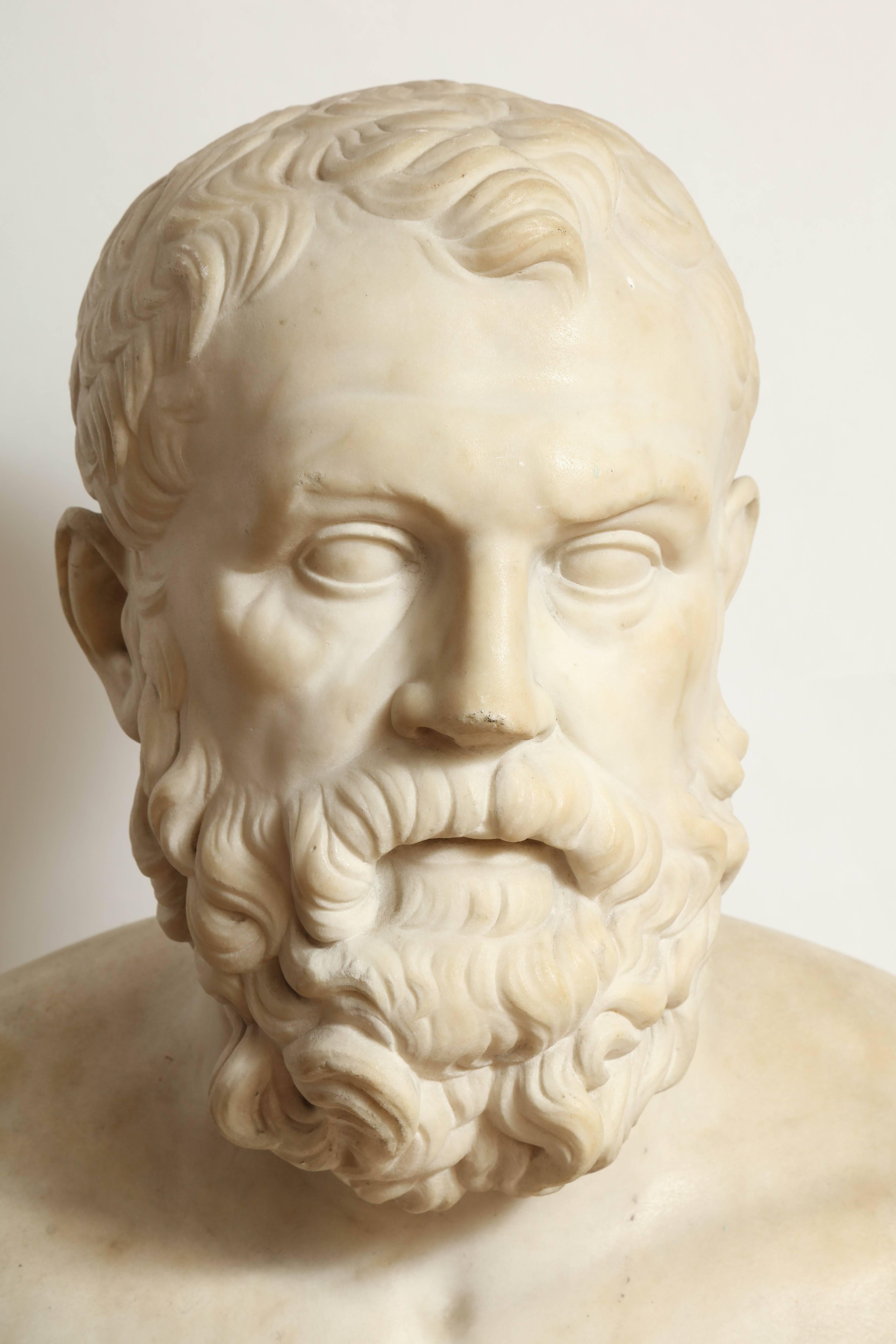 An Italian white marble bust of Solon (638-558), an Athenian statesman, lawmaker, and poet. Solon is responsible for laying the foundations of Athenian democracy, circa 1820.