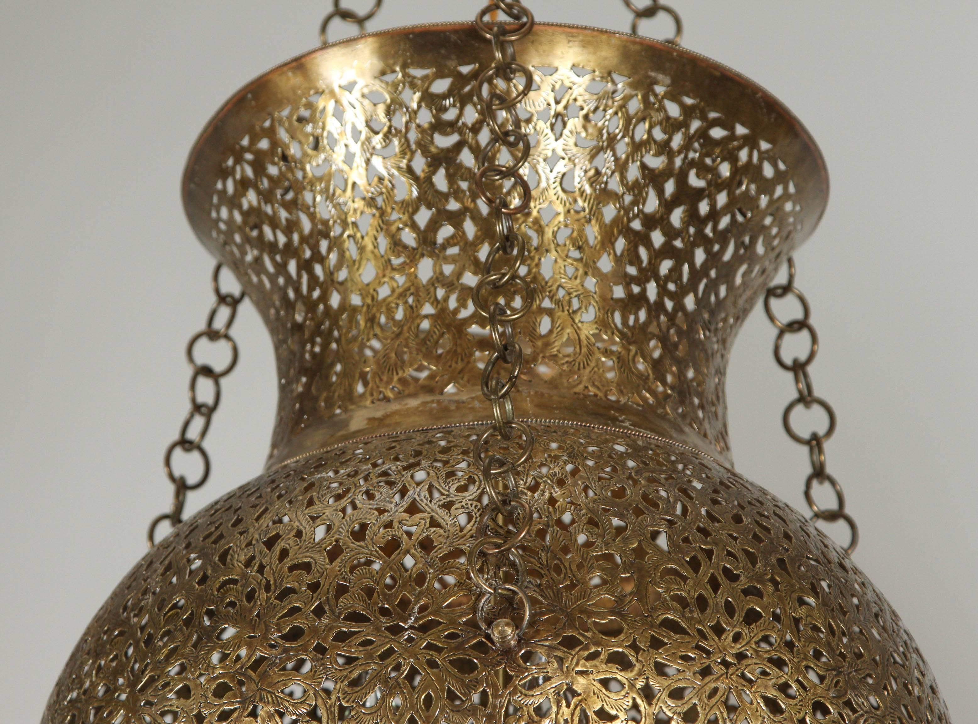 Hand-Carved Moroccan Brass Polished Piereced Brass Moorish Style Chandelier