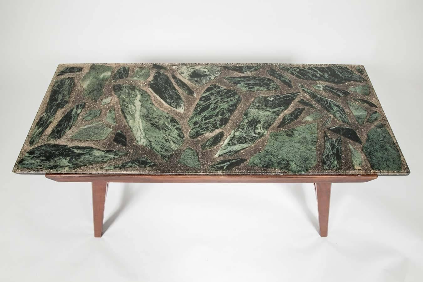 Mid-Century Modern Green Marble and Resin Danish Style Coffee Table with Angled Base