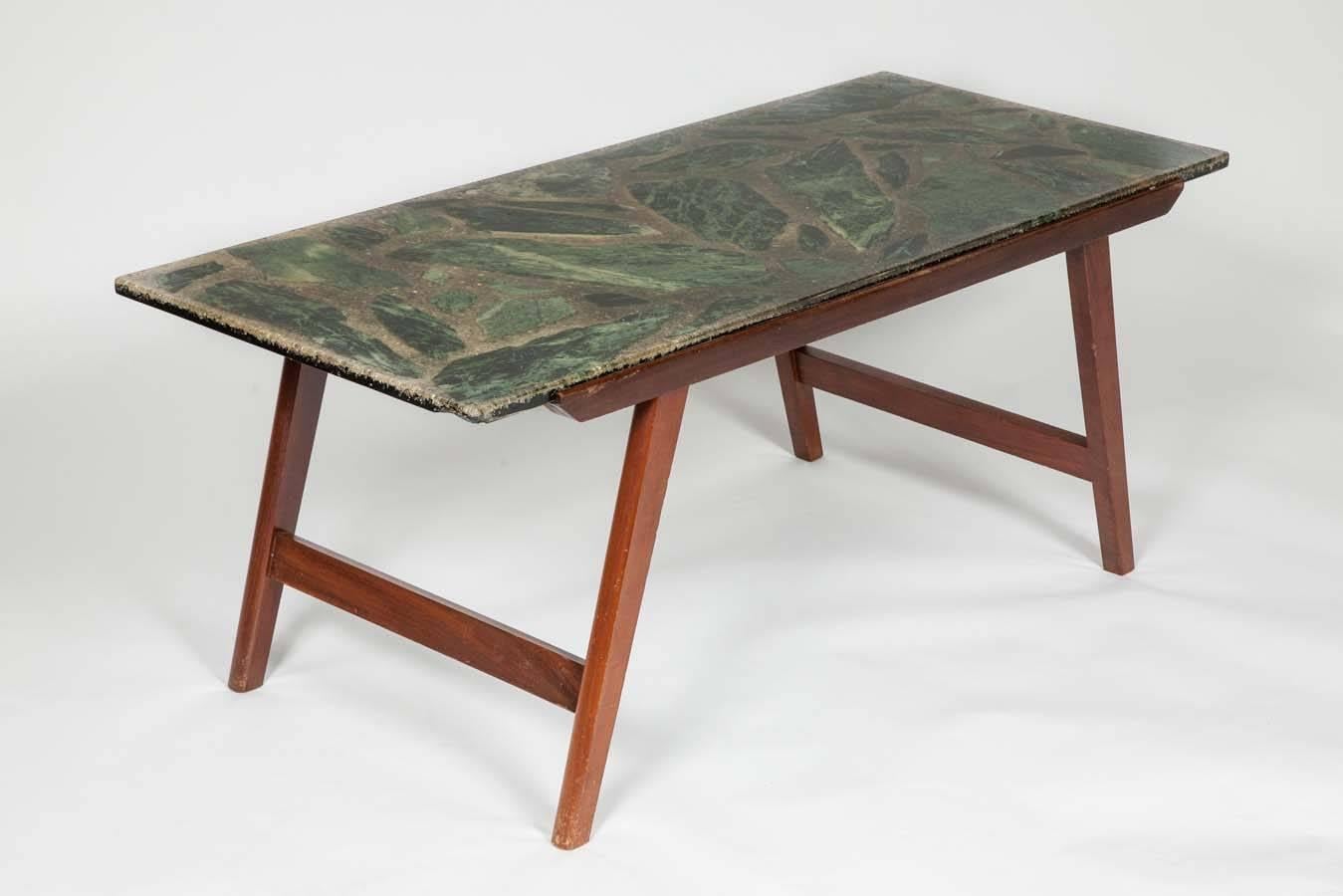 European Green Marble and Resin Danish Style Coffee Table with Angled Base