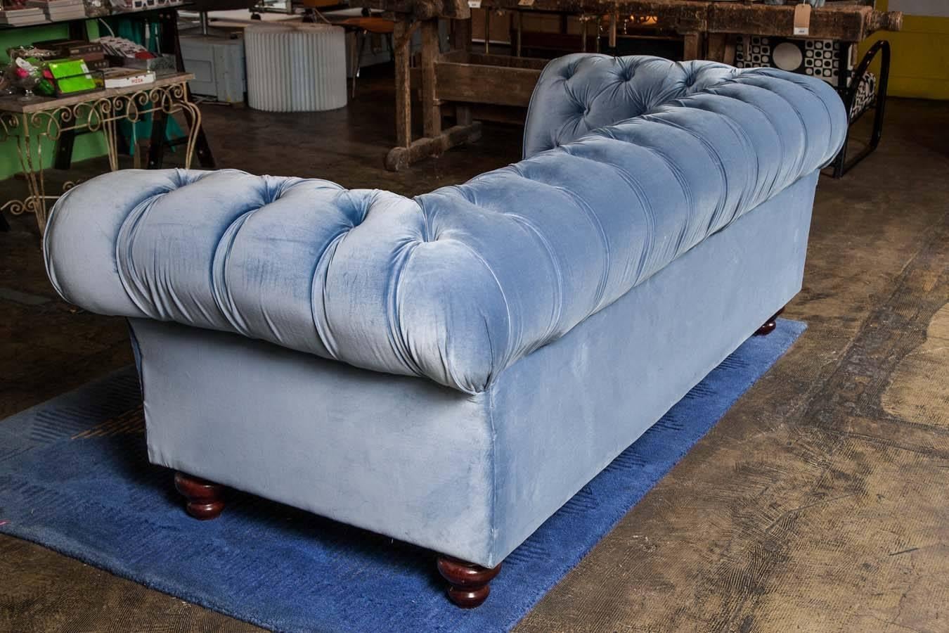 Victorian Bespoke Blue Velvet Chesterfield Sofa by Pitfield London For Sale