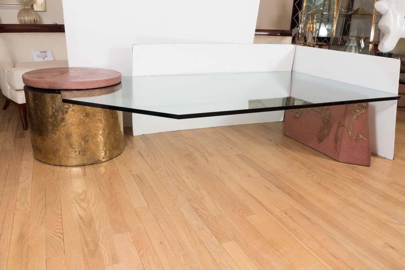 Rare three-part bronze, travertine and glass coffee table by Silas Seandel. Signed.