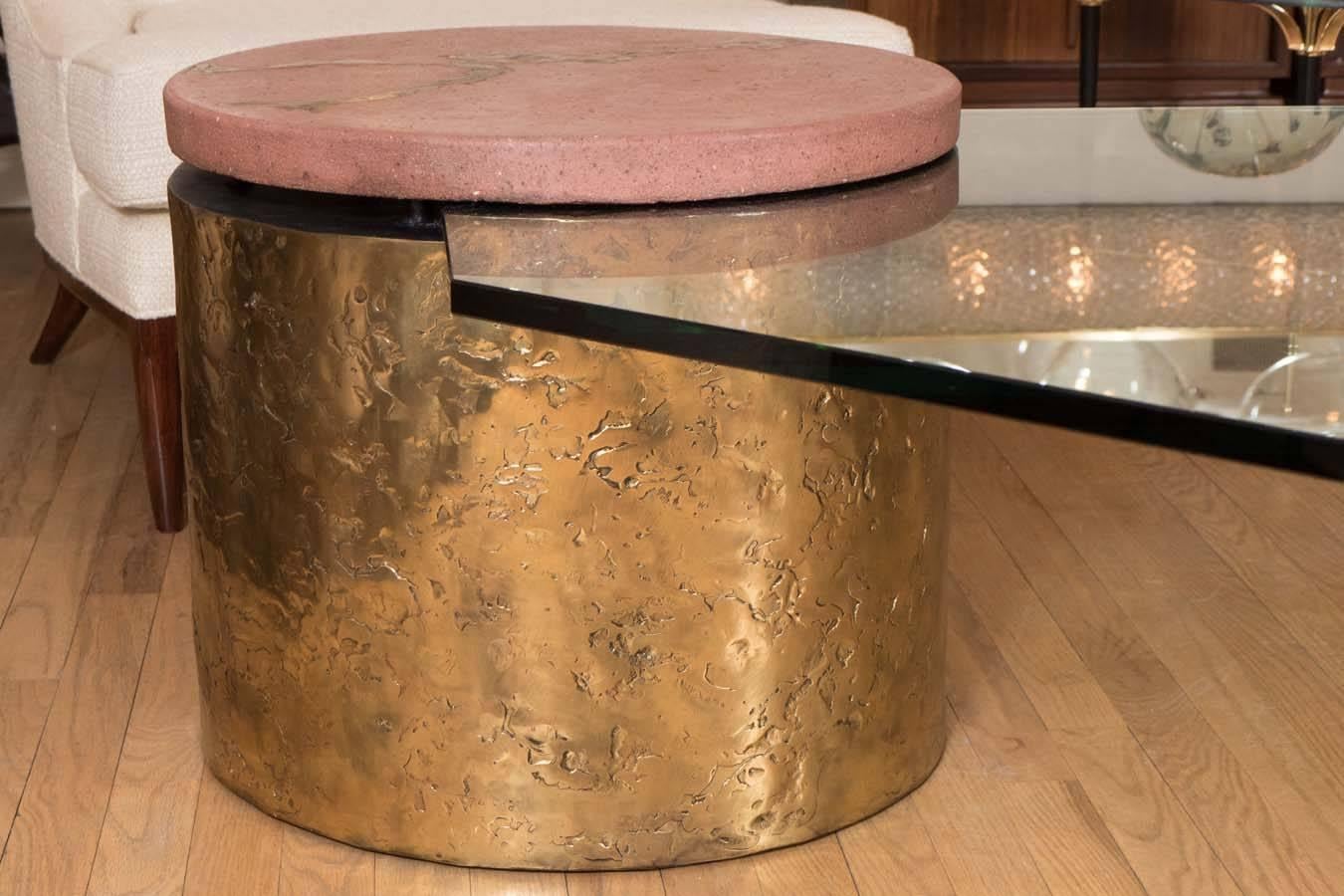 American Three-Part Bronze, Travertine and Glass Coffee Table
