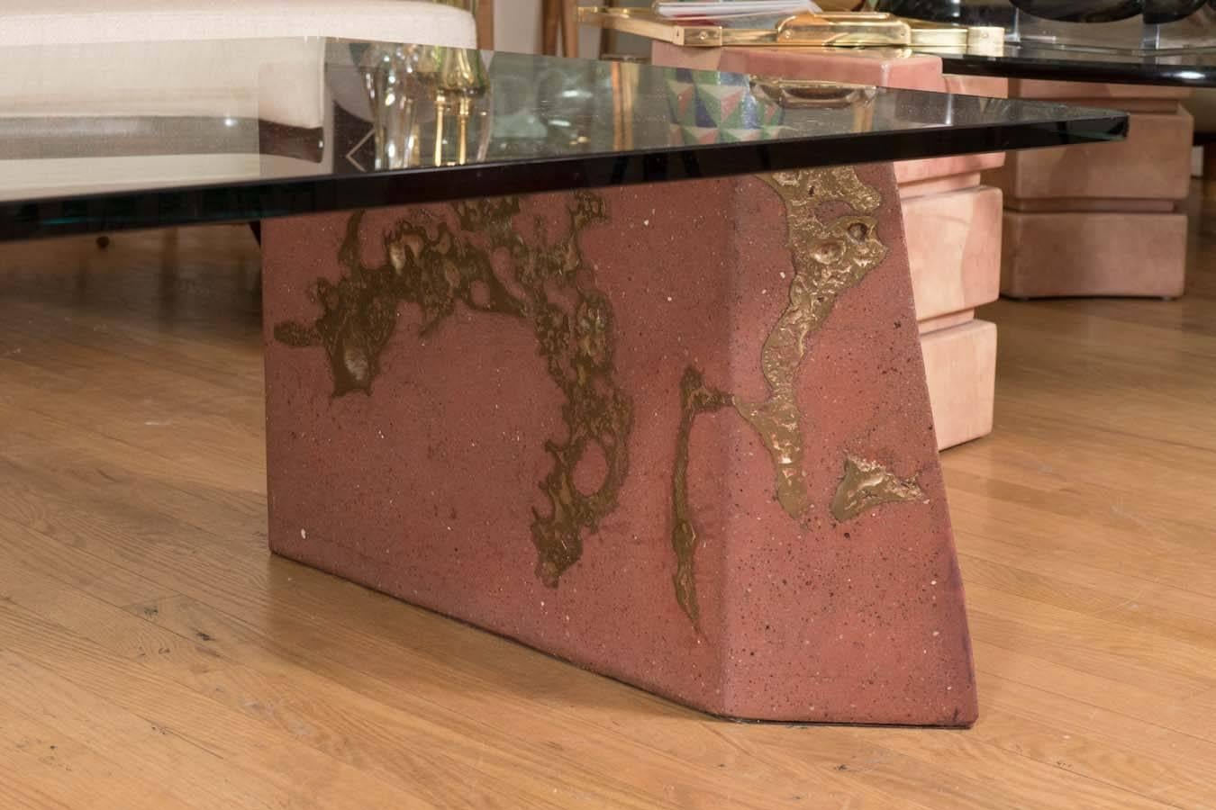Three-Part Bronze, Travertine and Glass Coffee Table In Good Condition In New York, NY