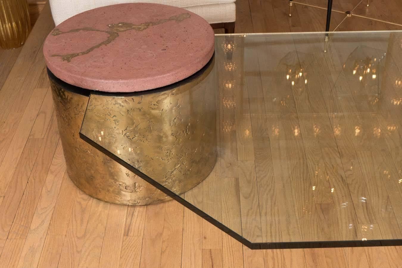 Late 20th Century Three-Part Bronze, Travertine and Glass Coffee Table