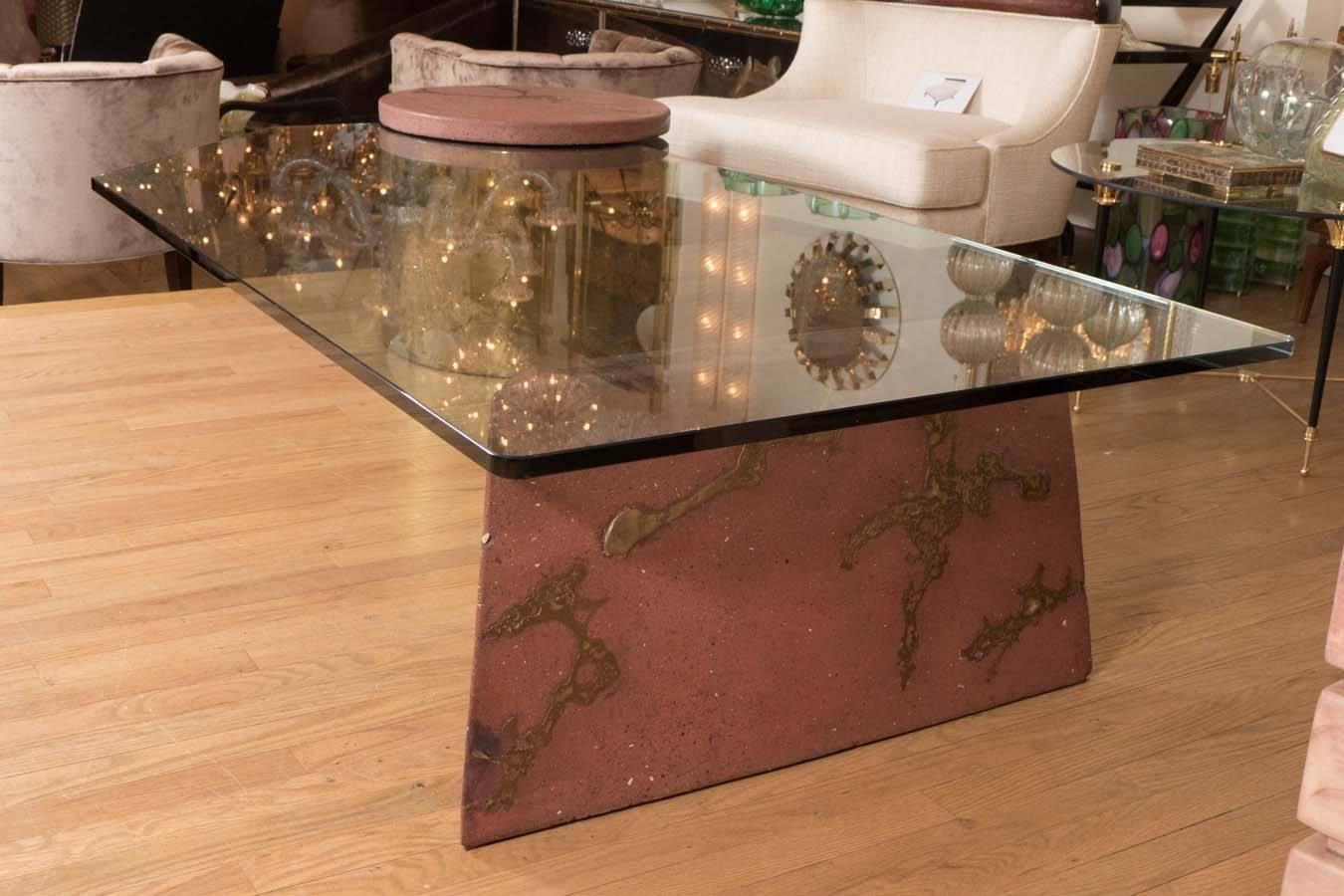 Three-Part Bronze, Travertine and Glass Coffee Table 1