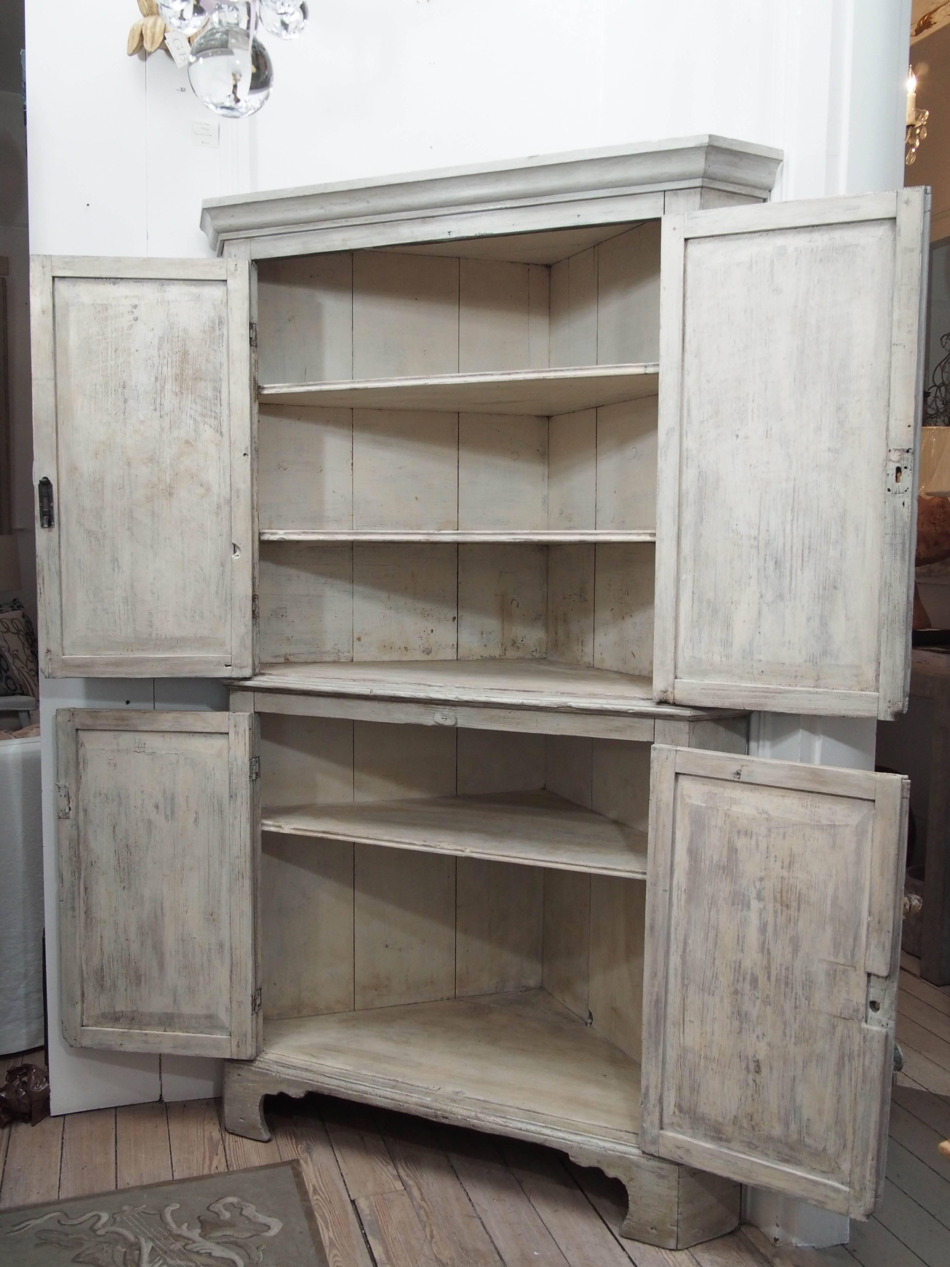 19th Century Early English White Wash Corner Cupboard with Scalloped Base For Sale
