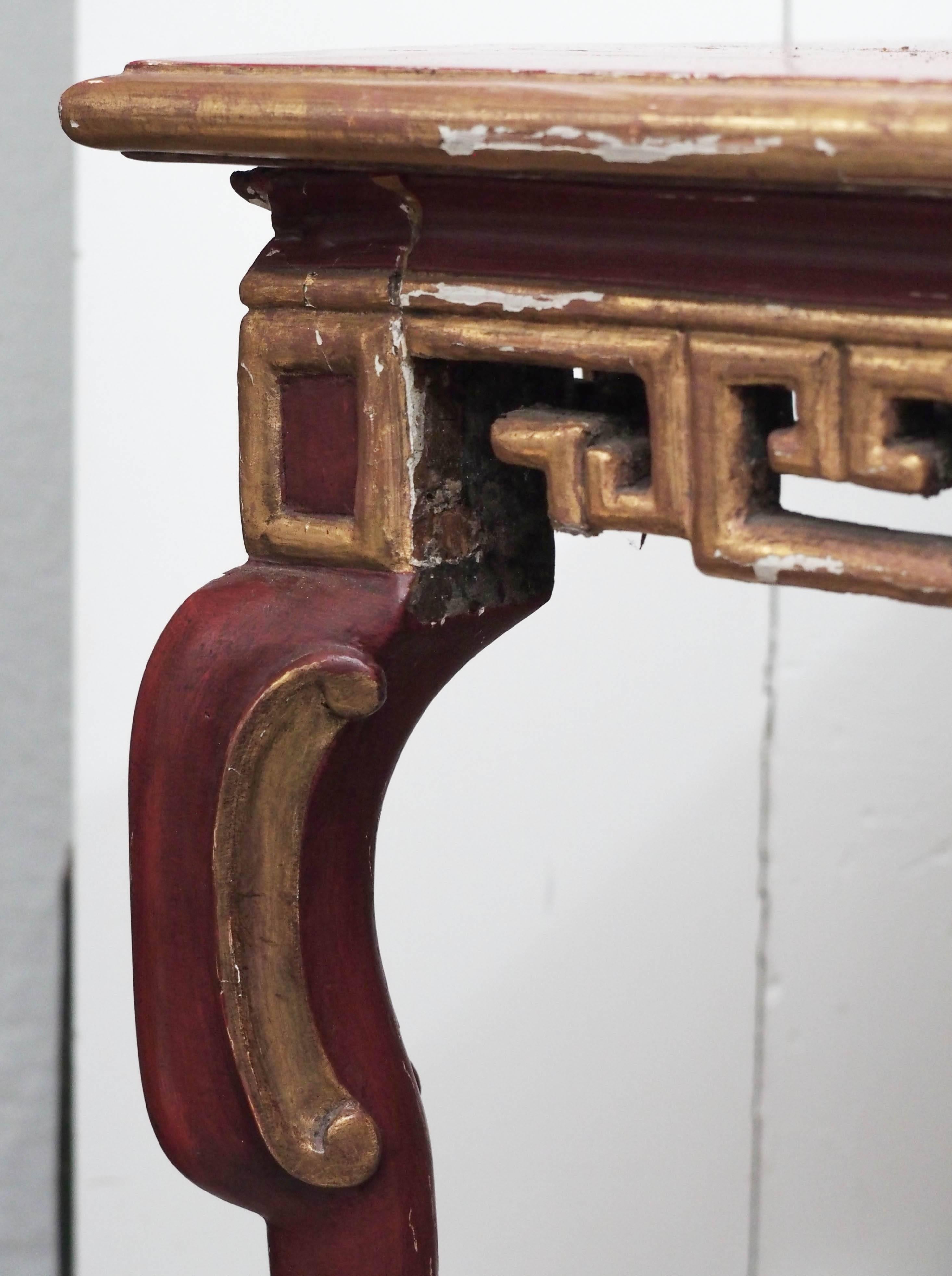 Carved French Chinoiserie Red Lacquer Console For Sale