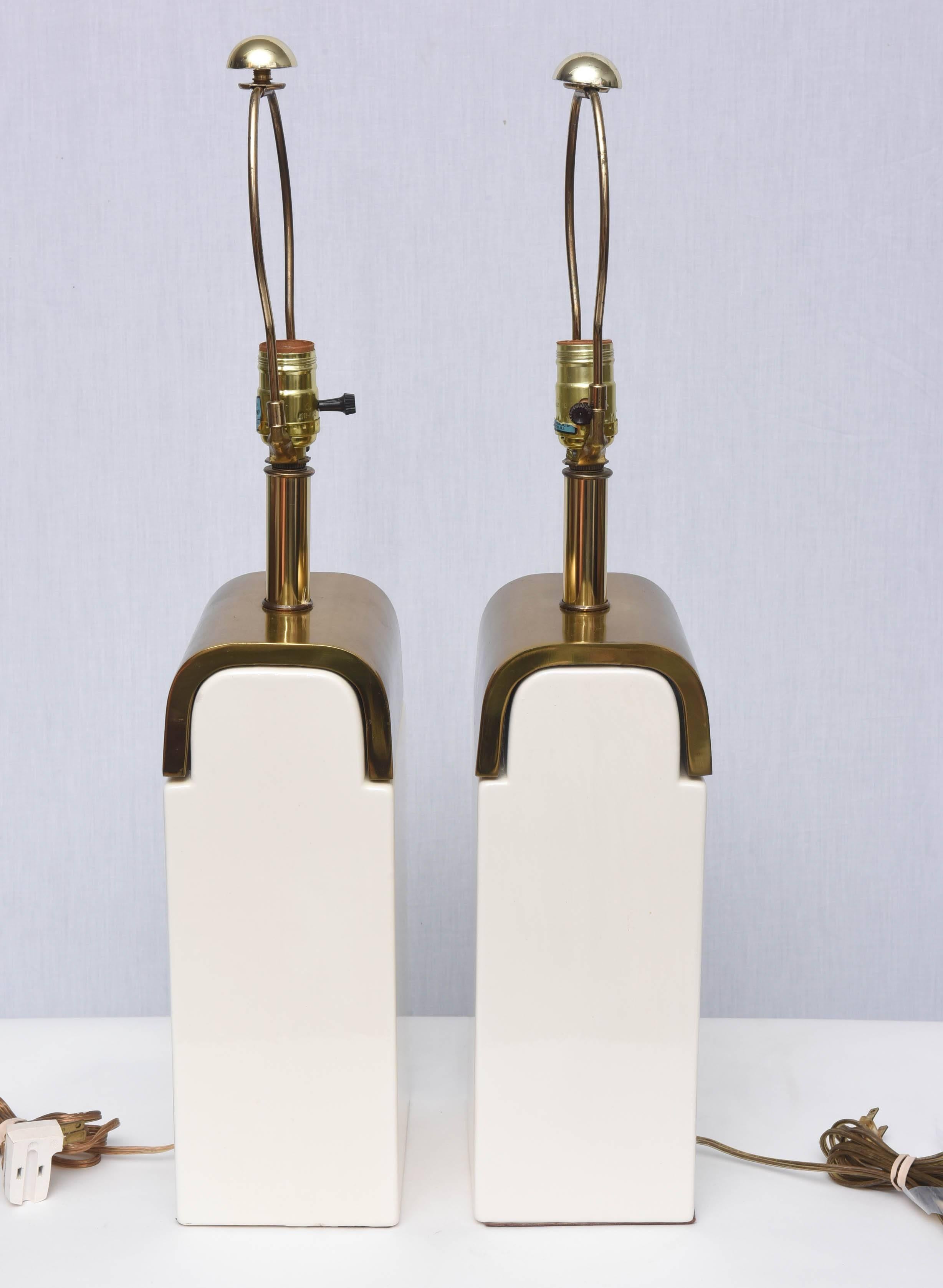American Pair of Amazing Mid-Century Ceramic and Brass Lamps, 1950s, USA