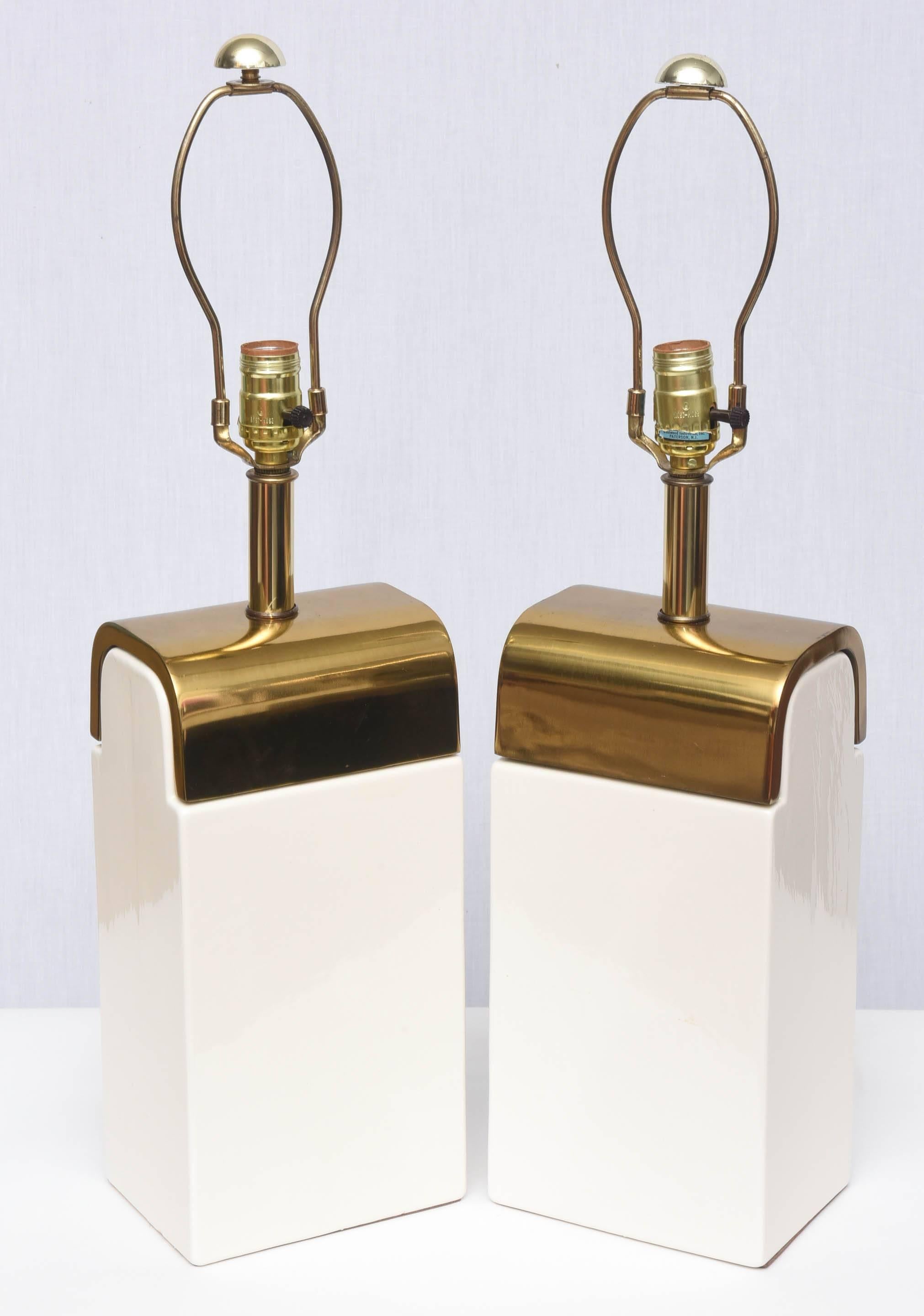 Pair of Amazing Mid-Century Ceramic and Brass Lamps, 1950s, USA 2