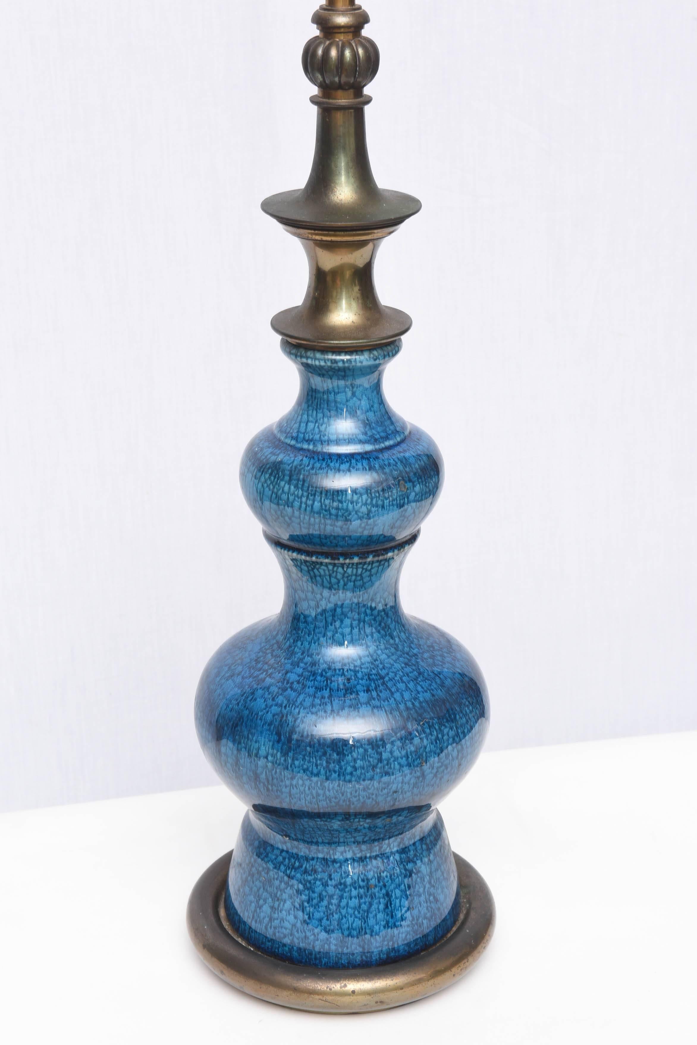 Monumental blue ceramic and brass lamp by Stiffel.