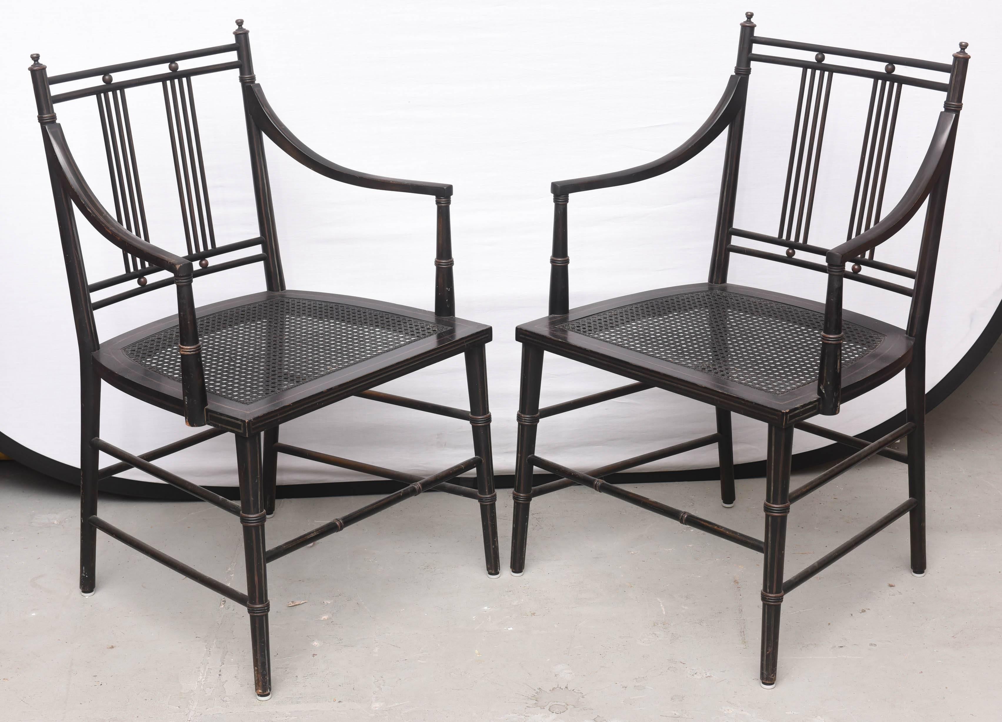 American Pair of Black Caned Bottomed Chairs, 1970s, USA