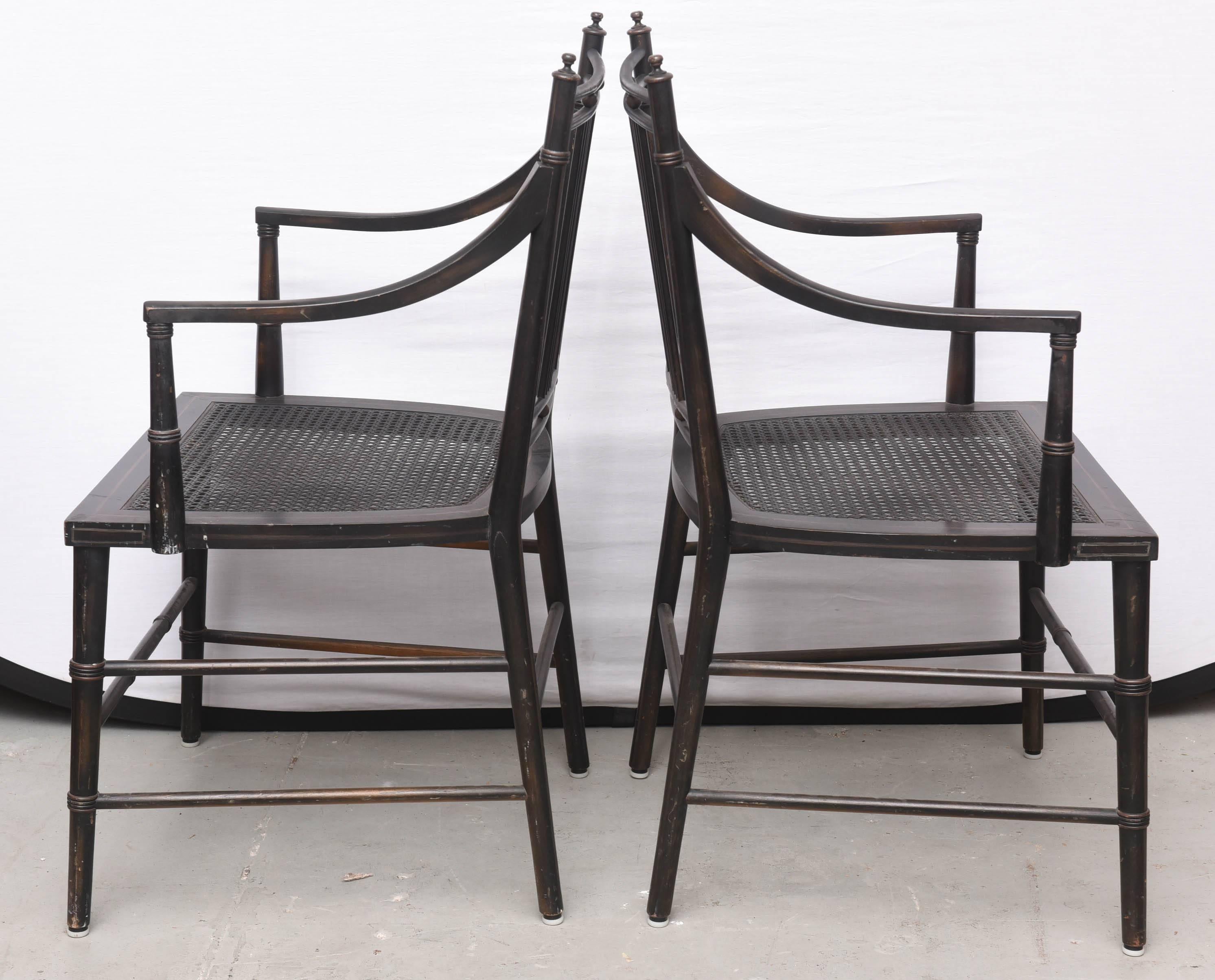 Late 20th Century Pair of Black Caned Bottomed Chairs, 1970s, USA