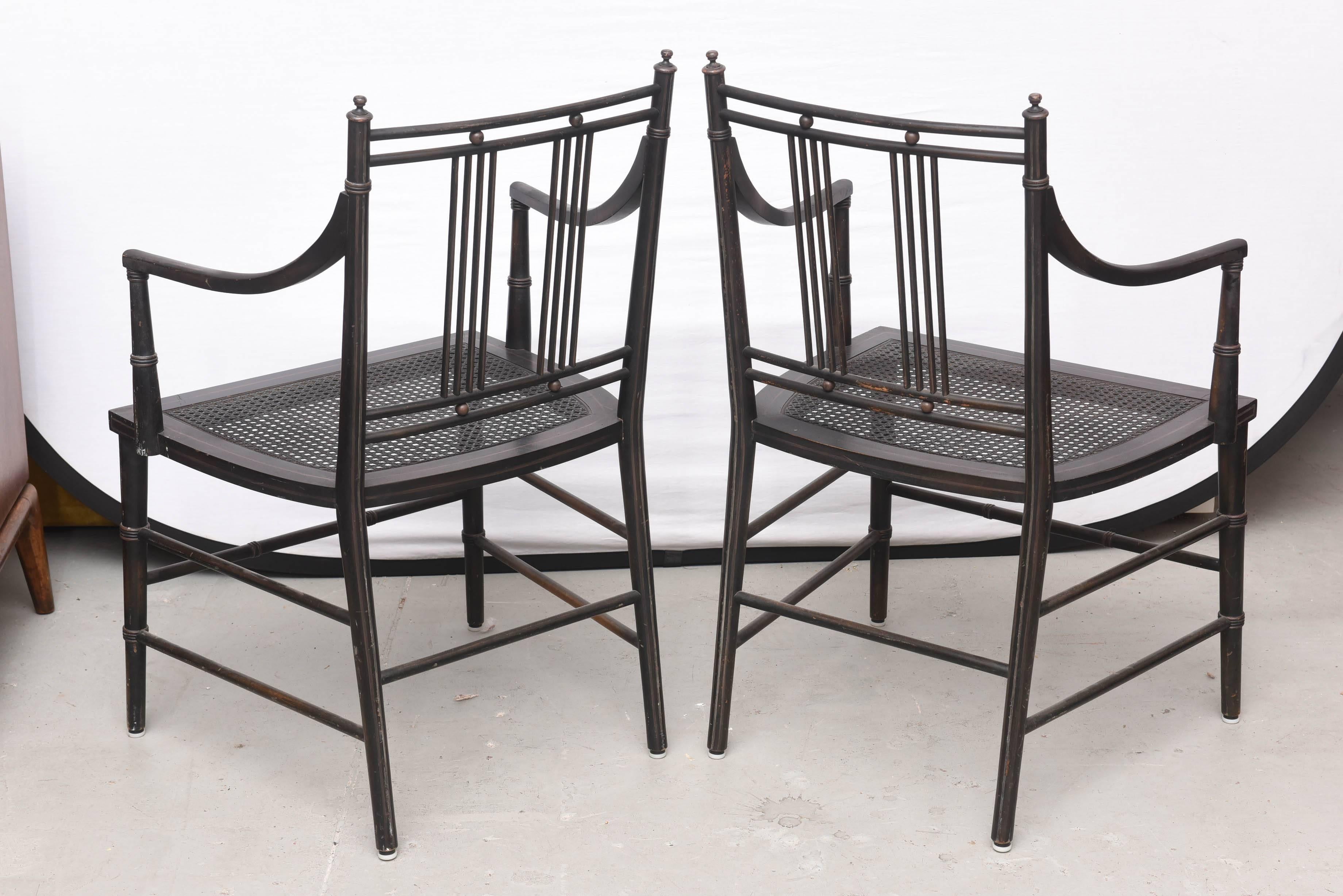 Brass Pair of Black Caned Bottomed Chairs, 1970s, USA