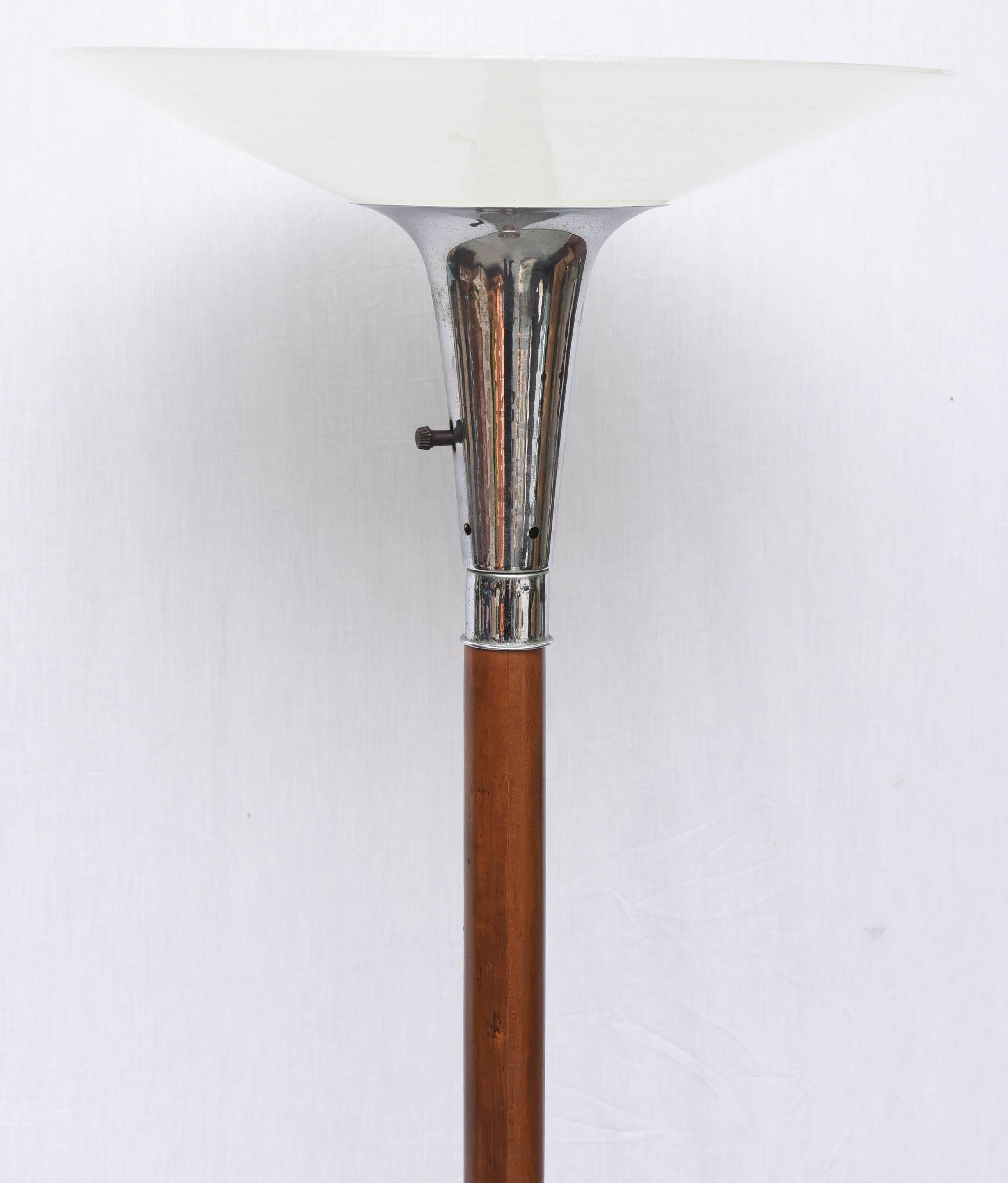 Beautiful wood with chrome accents and glass shade torchiere or floor lamp, USA, 1940s.